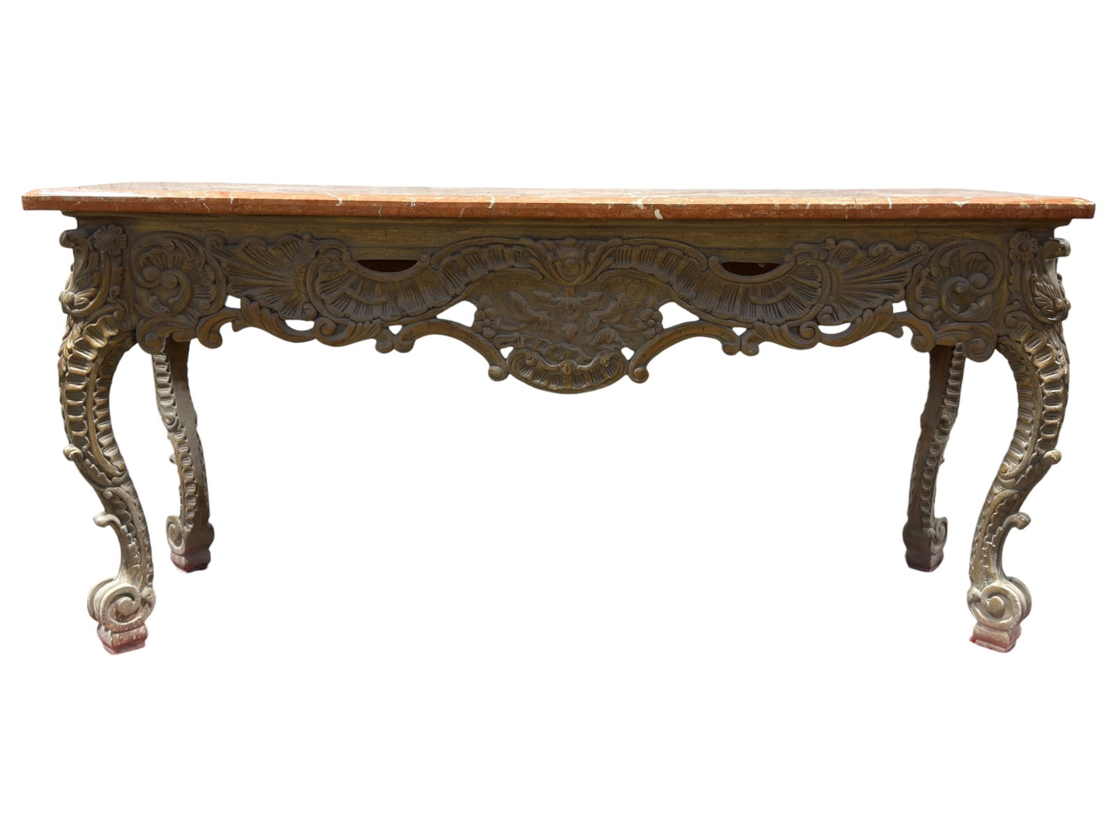 Large Rococo Revival Marble Top Carved and Gilt Foyer Table: Large and impressively ornate foyer or center table in the Rococo Revival taste, featuring a rectangular reddish-orange marble top above an exuberantly carved wood and composite base finished in a dis
