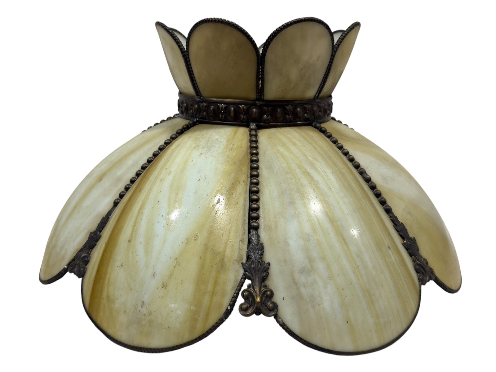 Vintage Caramel Slag Glass Hanging Light Fixture: Vintage hanging light shade fashioned in a dramatic floral or lotus-inspired form, composed of broad curved caramel-and-cream slag glass panels arranged beneath a smaller crown of upright petal-shaped
