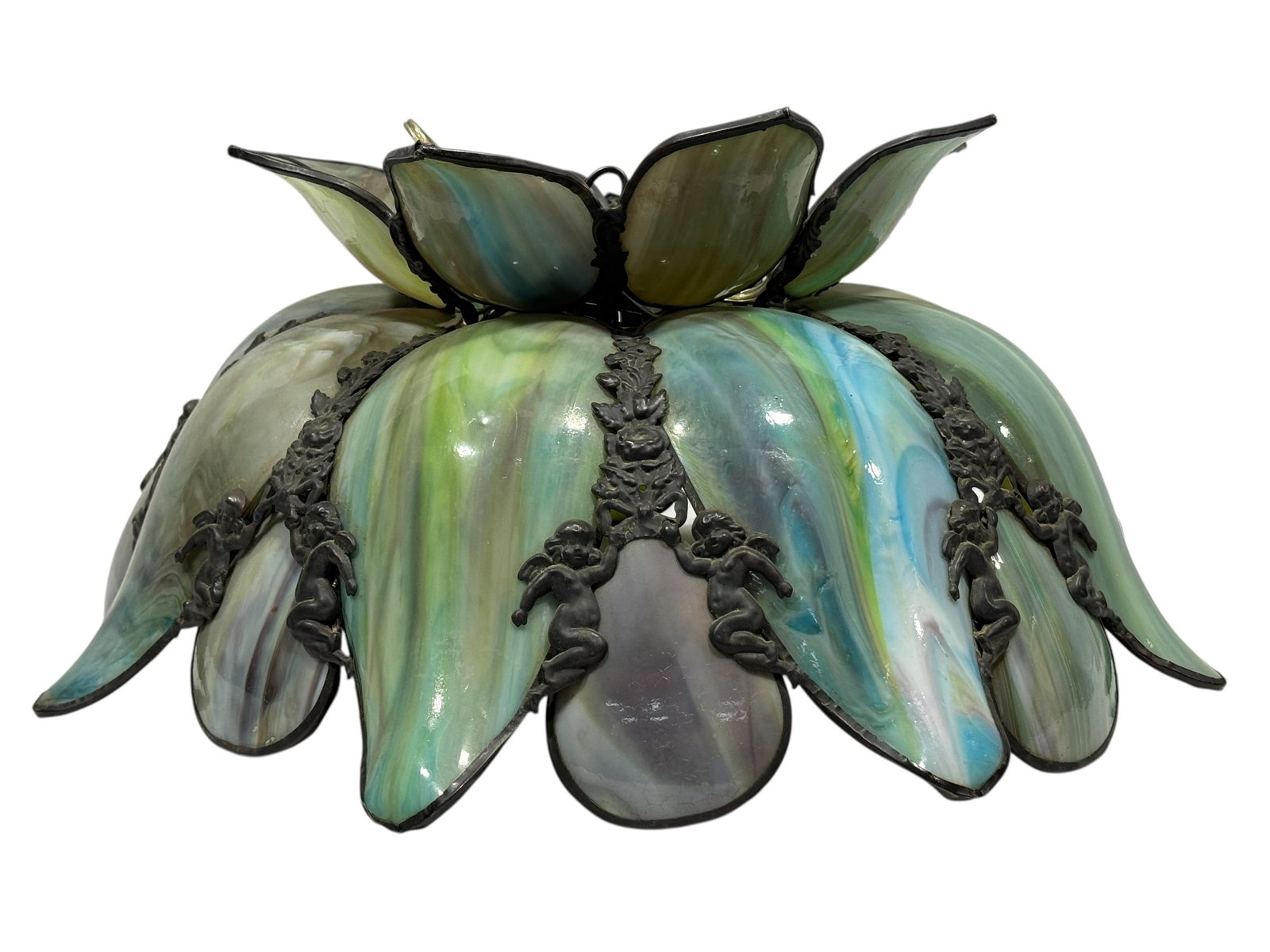 Vintage Multicolored Opalescent Slag Glass Cherub Hanging Light Fixture (1 of 20)