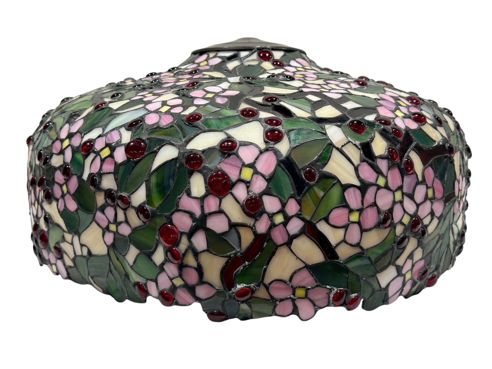 Vintage Tiffany Style Floral Leaded Glass Hanging Lamp Shade: A large domed hanging lamp shade assembled in the Tiffany style from hundreds of individually cut and leaded glass segments forming a dense garden pattern of pink blossoms, variegated green leaves, cr
