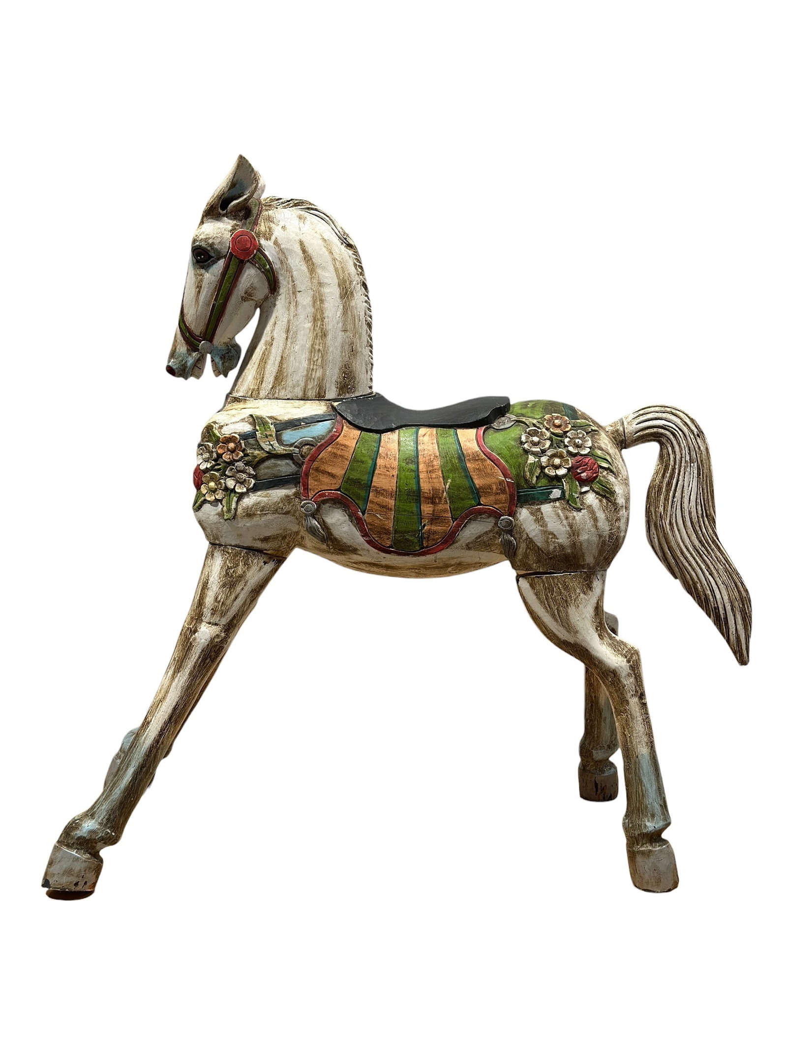 Large Carved Polychrome Carousel Horse Sculpture: This impressive oversized carved wood carousel horse sculpture captures the charm and nostalgia of classic American amusement park carousels with its spirited stance and richly hand-painted polychrome