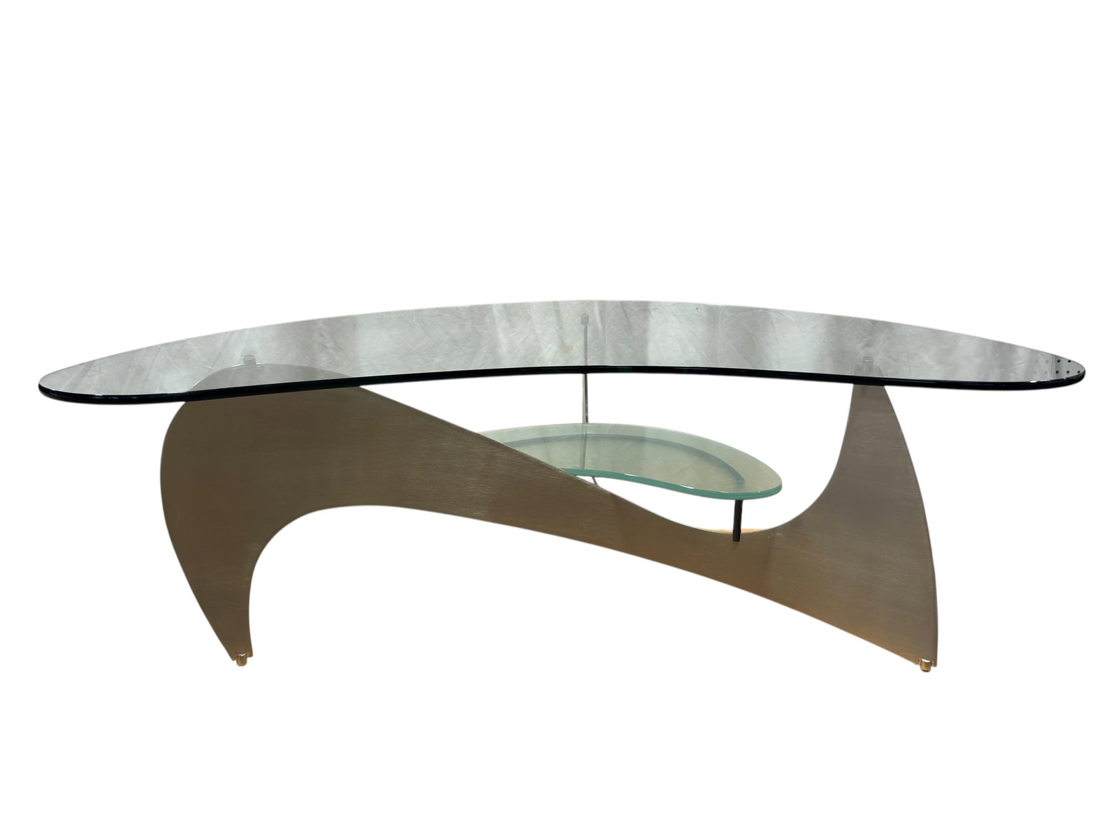 Postmodern Brushed Metal & Glass Kidney Shaped Coffee Table (1 of 7)