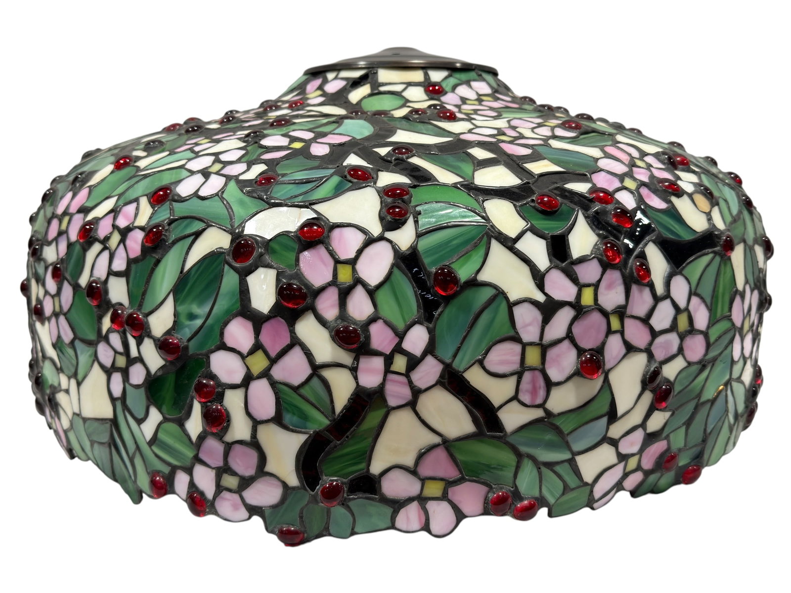 Vintage Tiffany Style Floral Leaded Glass Hanging Lamp Shade: A large domed hanging lamp shade assembled in the Tiffany style from hundreds of individually cut and leaded glass segments forming a dense garden pattern of pink blossoms, variegated green leaves, cr