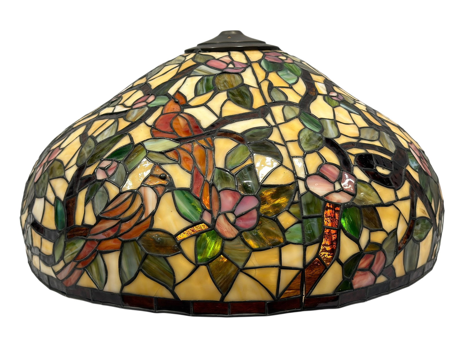 Large Tiffany Style Stained Glass Dome Lamp Shade: This impressive oversized Tiffany style stained glass dome lamp shade showcases an intricate hand-assembled leaded glass design featuring flowering branches intertwined with perched songbirds. Richly 