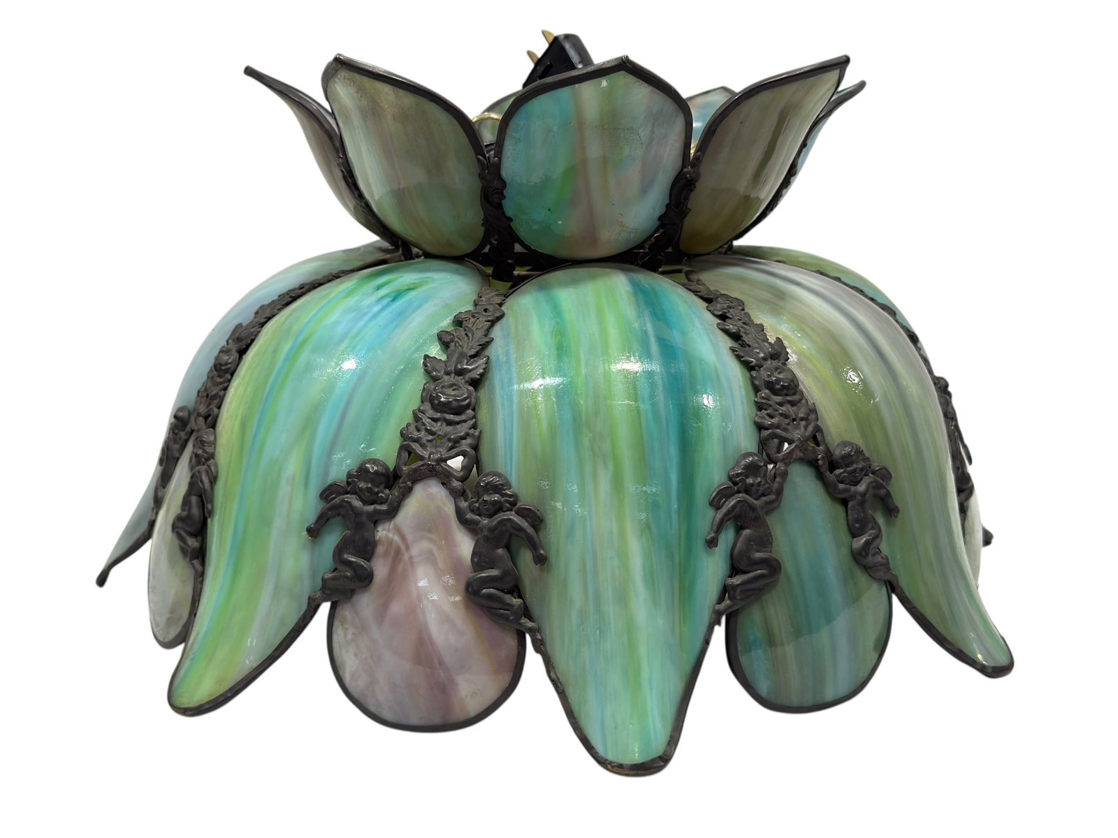 Vintage Multicolored Opalescent Slag Glass Cherub Hanging Light Fixture: Vintage hanging lamp shade designed as a lush blossoming flower, assembled from broad curved slag glass petals in luminous shades of celadon green, aqua, cream, amber, and soft rose, with a smaller ti