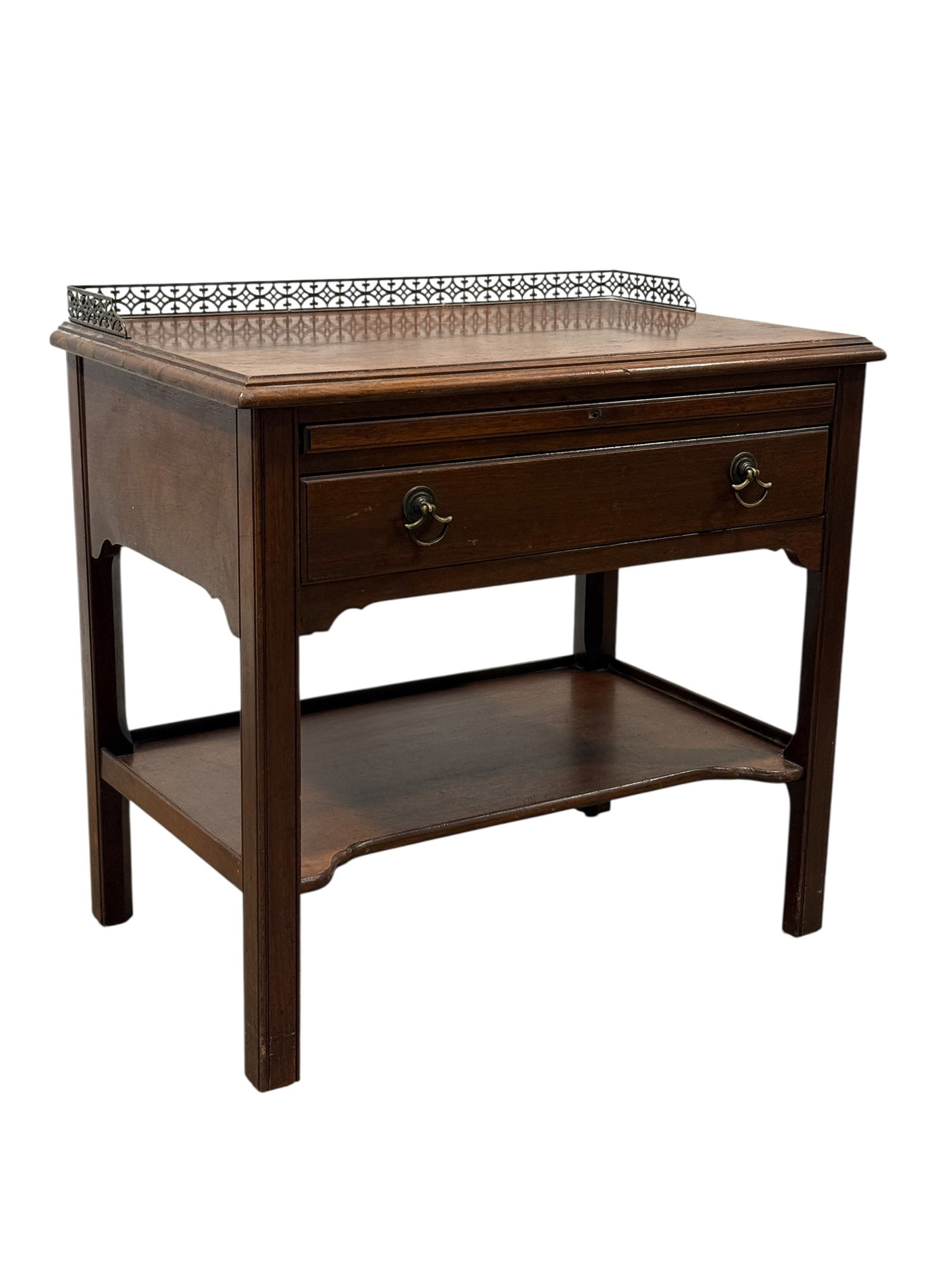 Georgian Style Mahogany Side Table w/ Brass Gallery: This handsome Georgian-style mahogany table features a rectangular top enclosed by an elegant pierced brass gallery and retains its original pull-out slide with a faux black marble decorated surface, 
