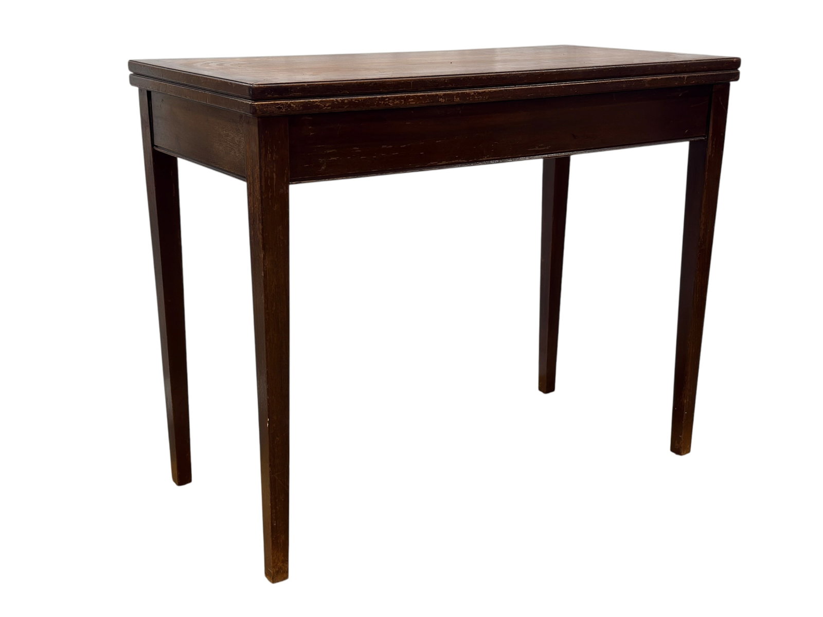 Georgian Style Mahogany Folding Top Game Table: This elegant Georgian-style mahogany games table features a clever folding top that opens to reveal a felt-lined playing surface while providing a compact footprint when closed. The clean, rectangular