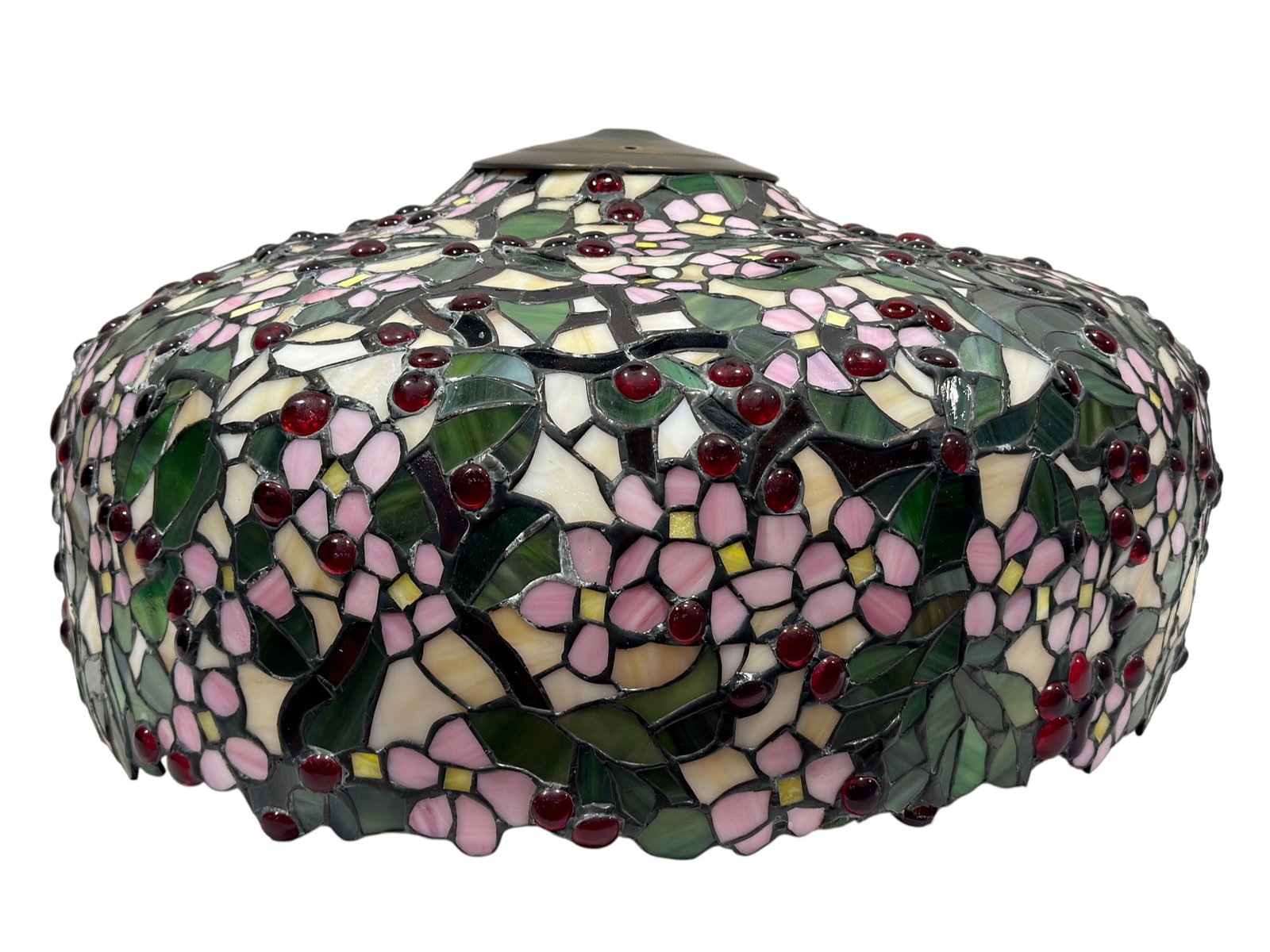 Vintage Tiffany Style Floral Leaded Glass Hanging Lamp Shade: A large domed hanging lamp shade assembled in the Tiffany style from hundreds of individually cut and leaded glass segments forming a dense garden pattern of pink blossoms, variegated green leaves, cr
