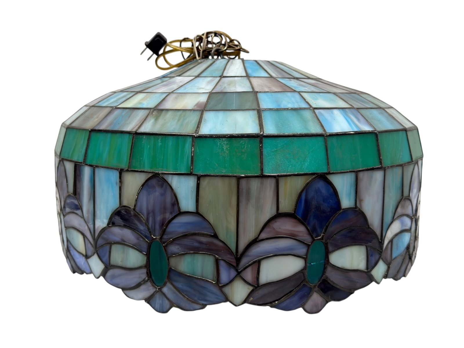 Vintage Leaded Stained Glass Floral Dome Lamp Shade: This substantial vintage leaded stained glass lamp shade features a broad domed profile crafted from hand-cut art glass in variegated shades of aqua, turquoise, sea green, lavender, smoky gray, and op