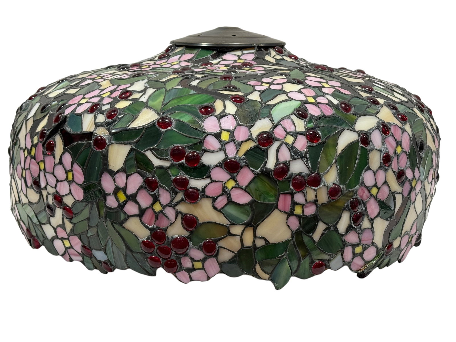 Vintage Tiffany Style Floral Leaded Glass Hanging Lamp Shade: A large domed hanging lamp shade assembled in the Tiffany style from hundreds of individually cut and leaded glass segments forming a dense garden pattern of pink blossoms, variegated green leaves, cr