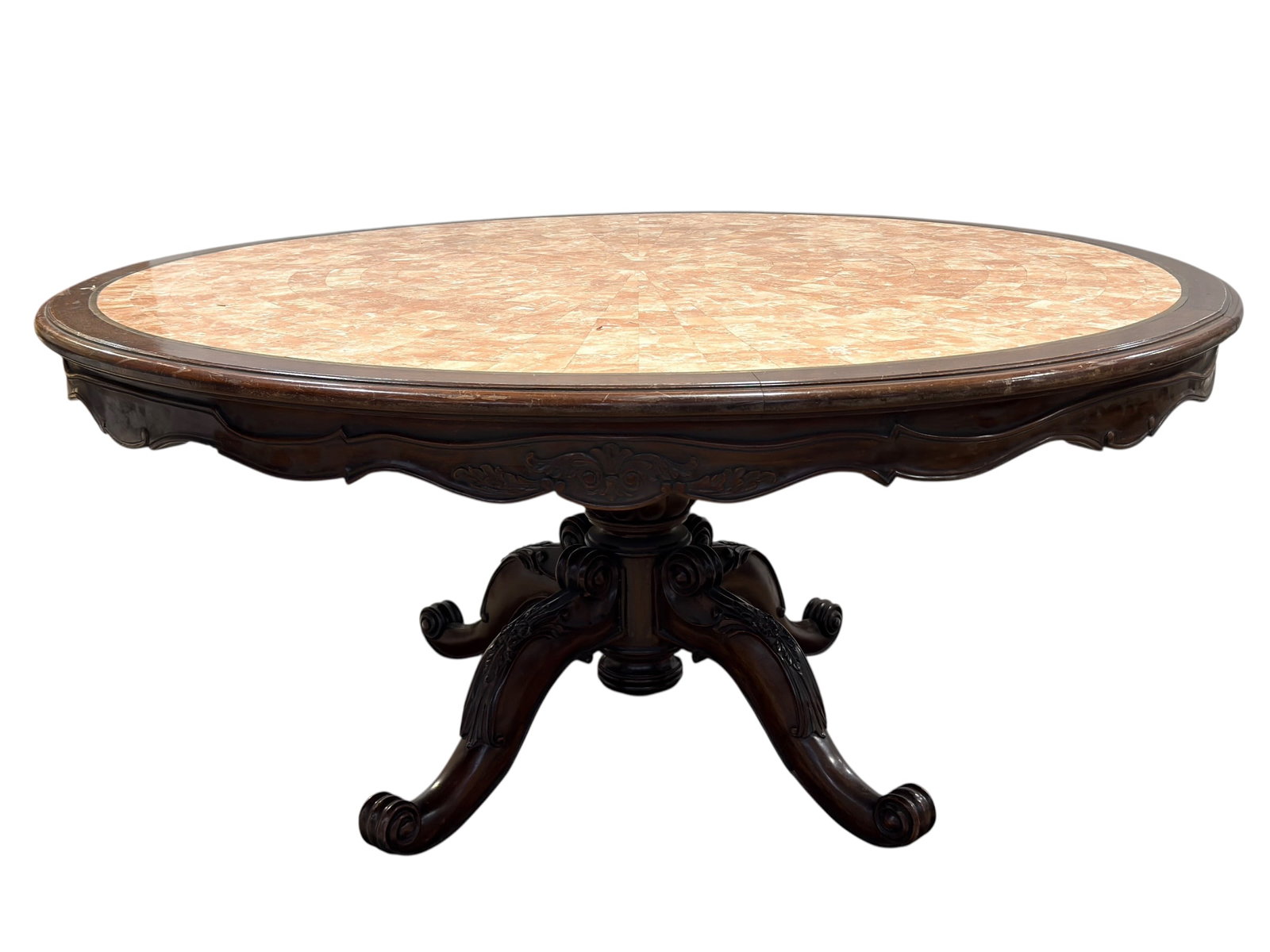 French Provincial Style Carved Wood Marble Inset Center Table w/ Brass Inlay (1 of 14)