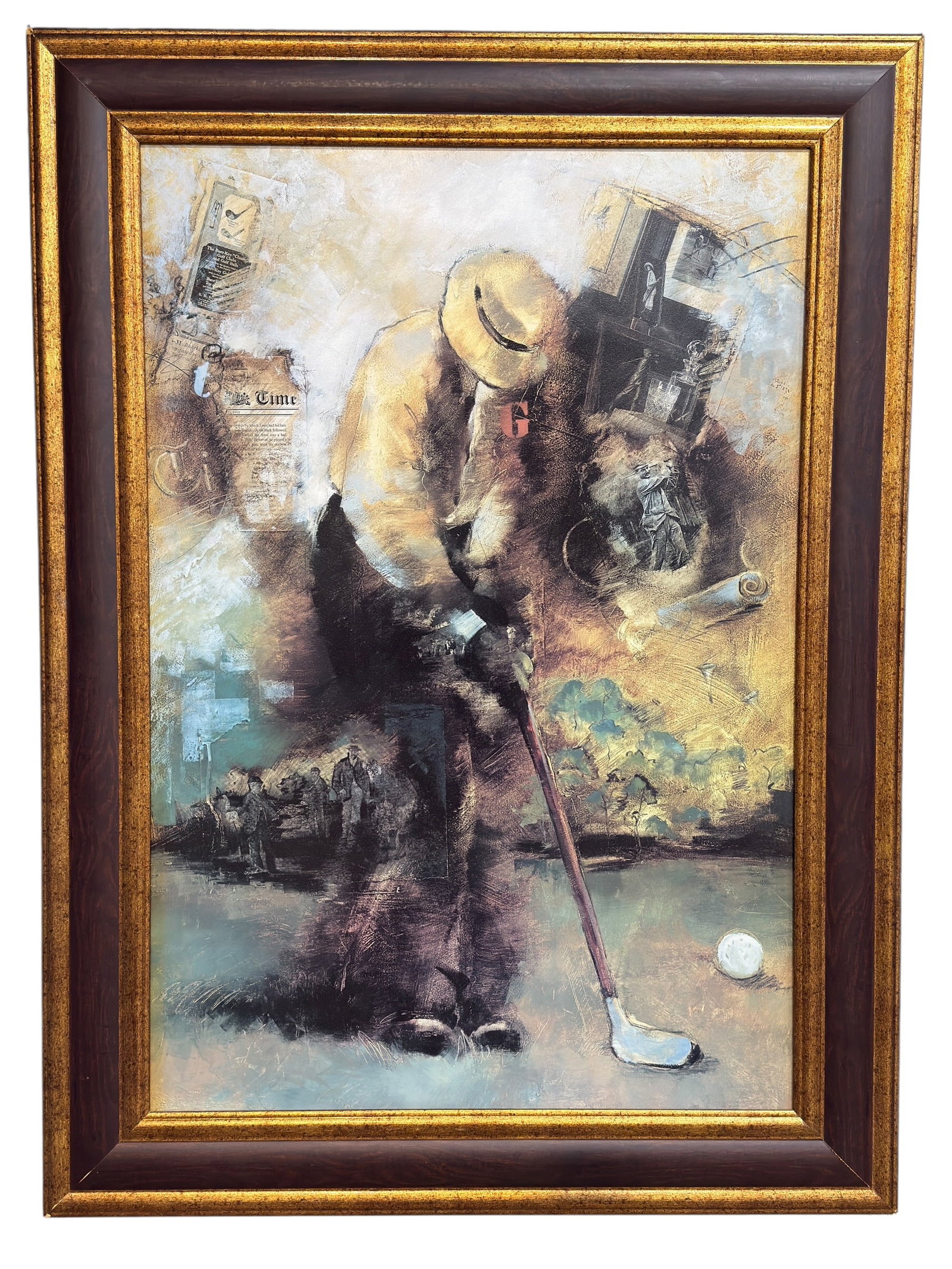 Large Framed Golf Themed Print on Board: Decorative golf-themed print on board depicting a golfer in period attire mid-stance with club poised near a ball, surrounded by layered collage imagery including vintage advertisements, historical go