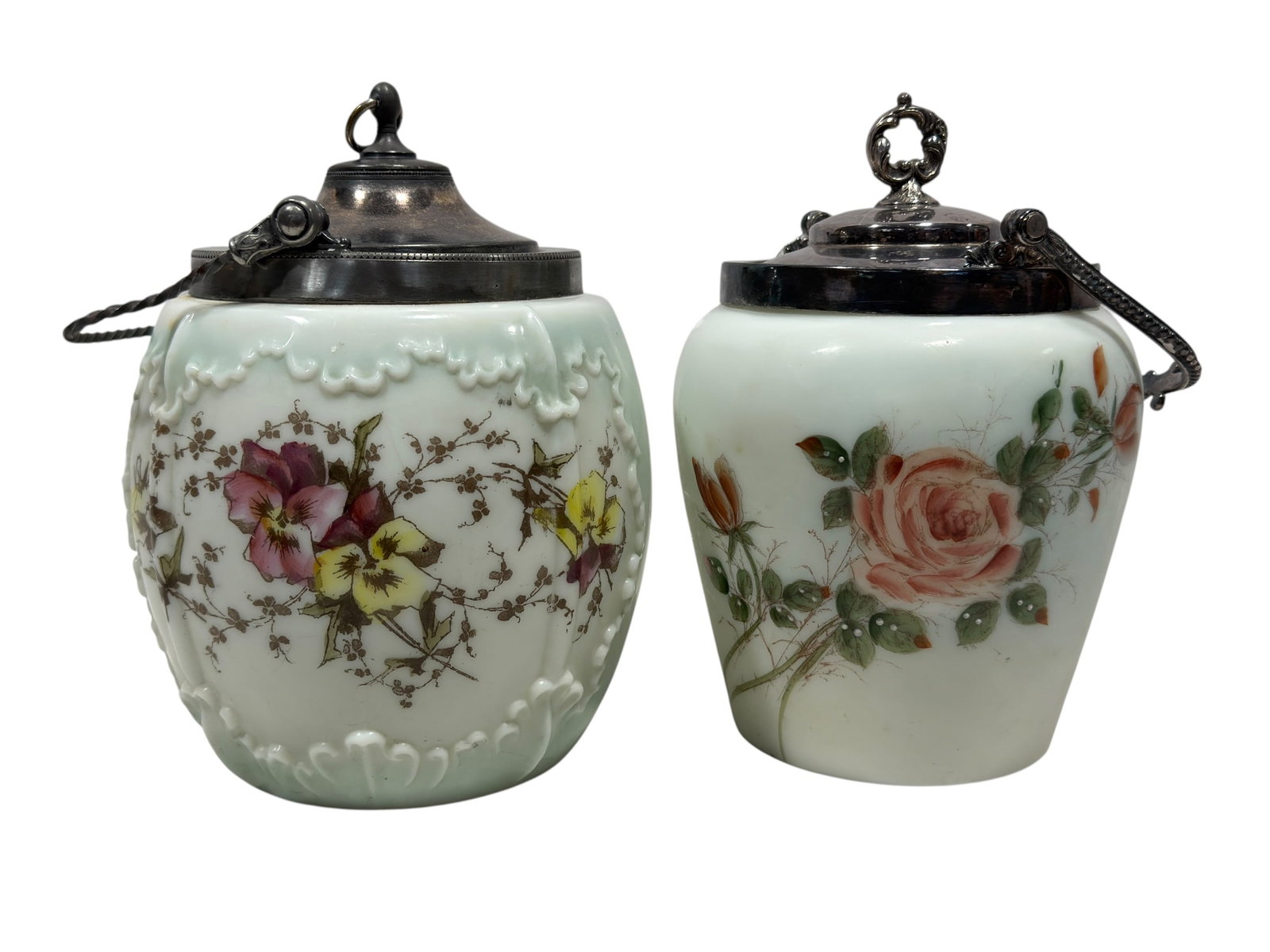 Pair of Victorian Floral Milk Glass Biscuit Jars w/ Silverplate Mounts (1 of 13)