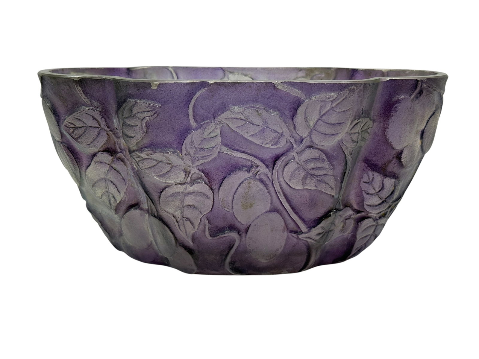 Phoenix Consolidated Martele Line Amethyst Frosted Glass Bowl: A striking 1930s Martele line art glass bowl formed in rich amethyst-purple glass, its substantial body molded in high relief with an abundant arrangement of fruit, blossoms, curling stems, and overla