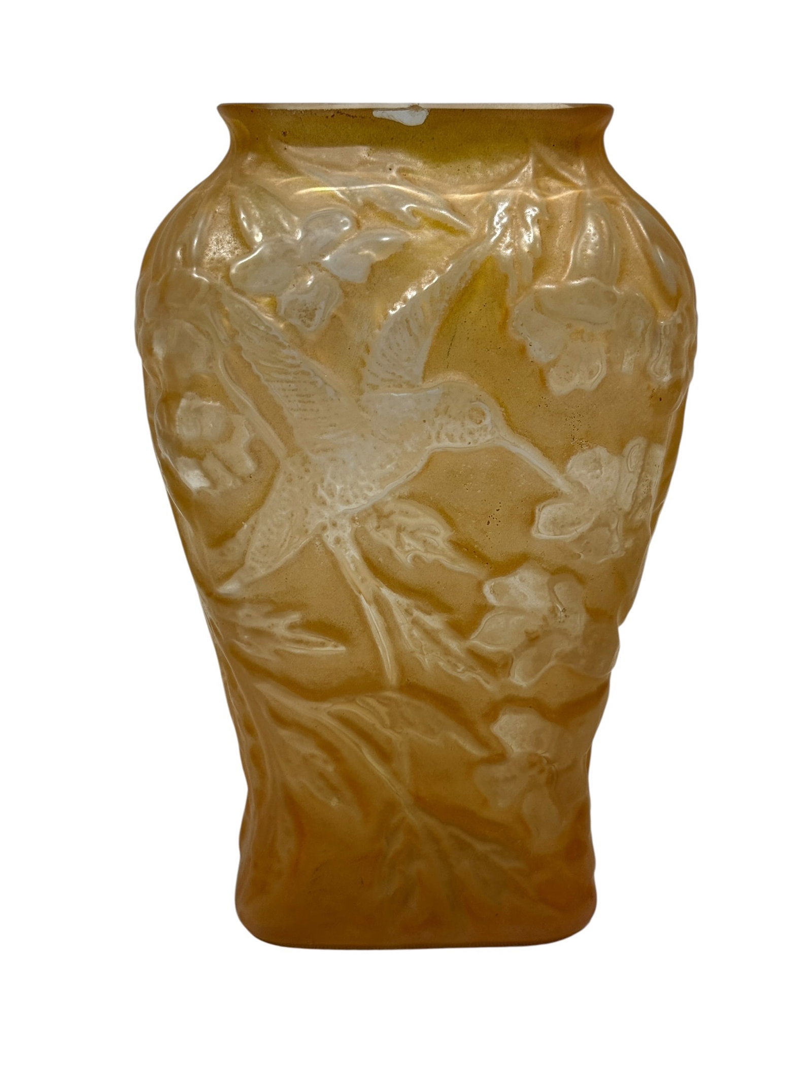 Phoenix Consolidated Glass circa 1930 Martele Hummingbird Vase: A circa 1930 Consolidated Lamp and Glass Company Martele line vase, model no. 2588, molded in warm coral-amber cased glass with a softly frosted, luminous finish. The compact rectangular pillow-form b
