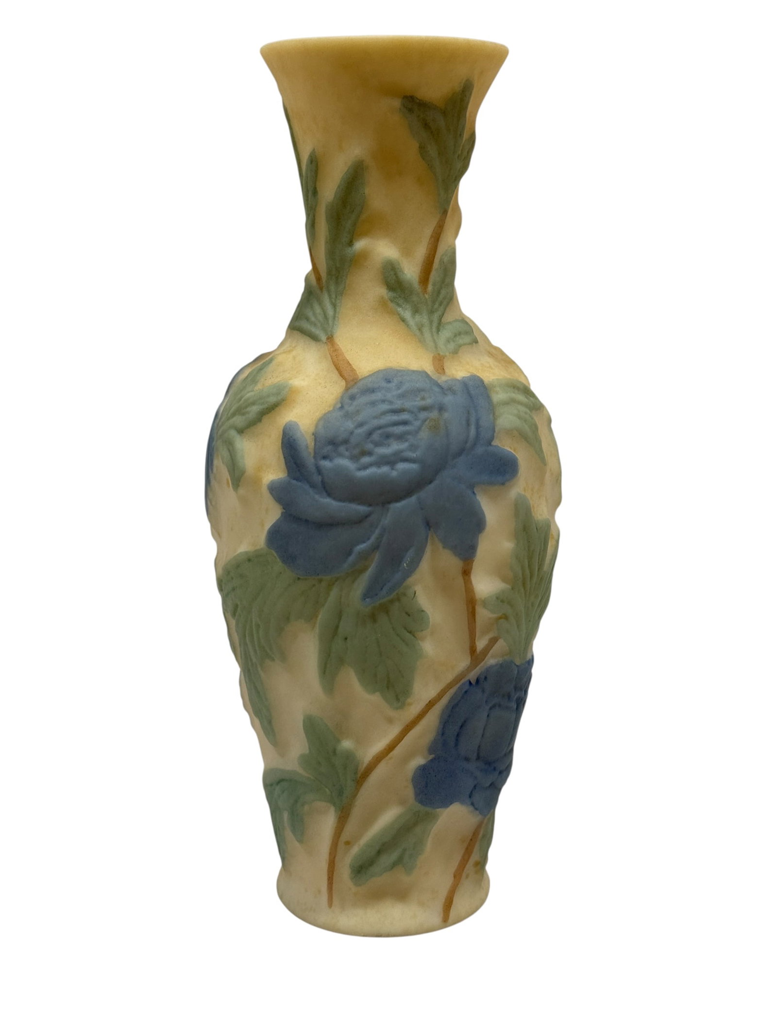 Phoenix Consolidated Circa 1930 Martele Line Uranium Glass Floral Vase: A circa 1930 Phoenix Consolidated Martele line art glass vase of slender baluster form, featuring a gently flared mouth, elongated neck, rounded shoulders, and narrow circular foot. The creamy custard