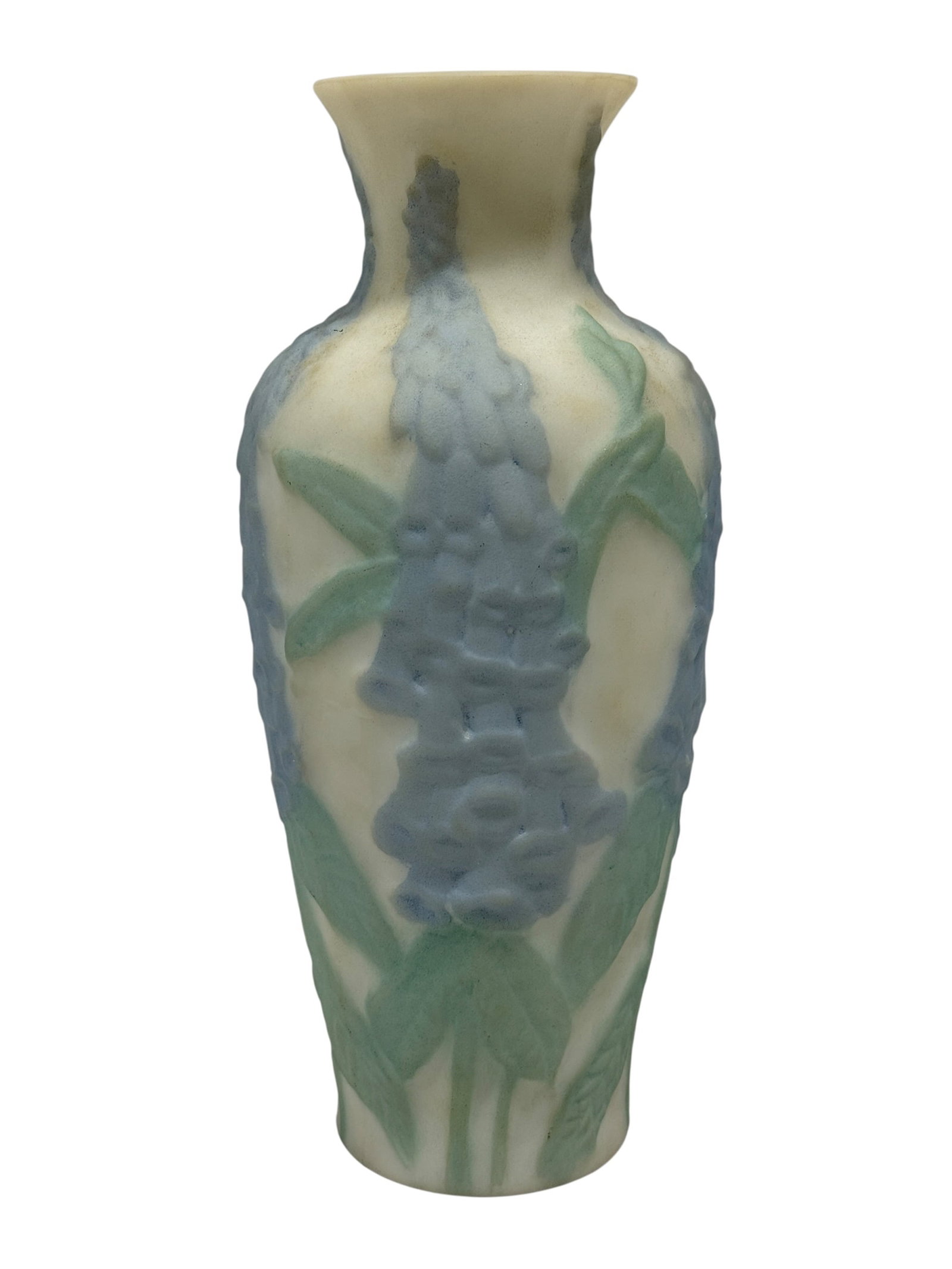 Phoenix Consolidated Circa 1930 Martele Line Glass Foxglove Vase: A striking circa 1930 Phoenix Consolidated Martele line art glass vase of tall, gently shouldered form, rising from a circular foot to a narrowed neck and softly flared rim. The creamy custard-colored