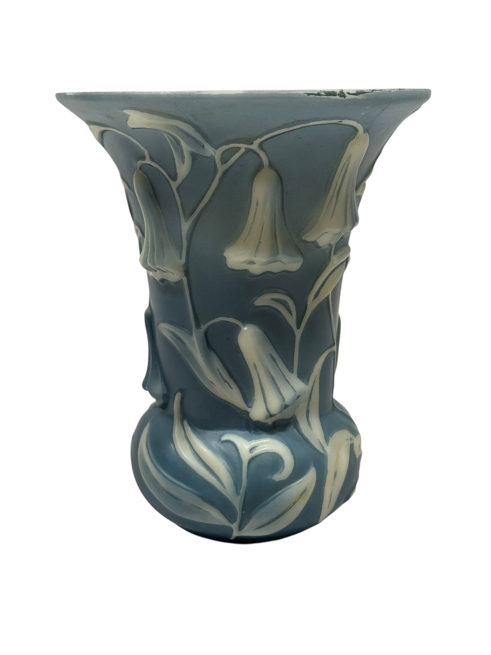 Phoenix Consolidated Circa 1930 Martele Line Blue Bell Vase: A graceful circa 1930 Phoenix Consolidated Martele line art glass vase featuring a softly flared trumpet-form mouth above a sculptural waisted body and rounded, lobed base. Molded in pale powder-blue 
