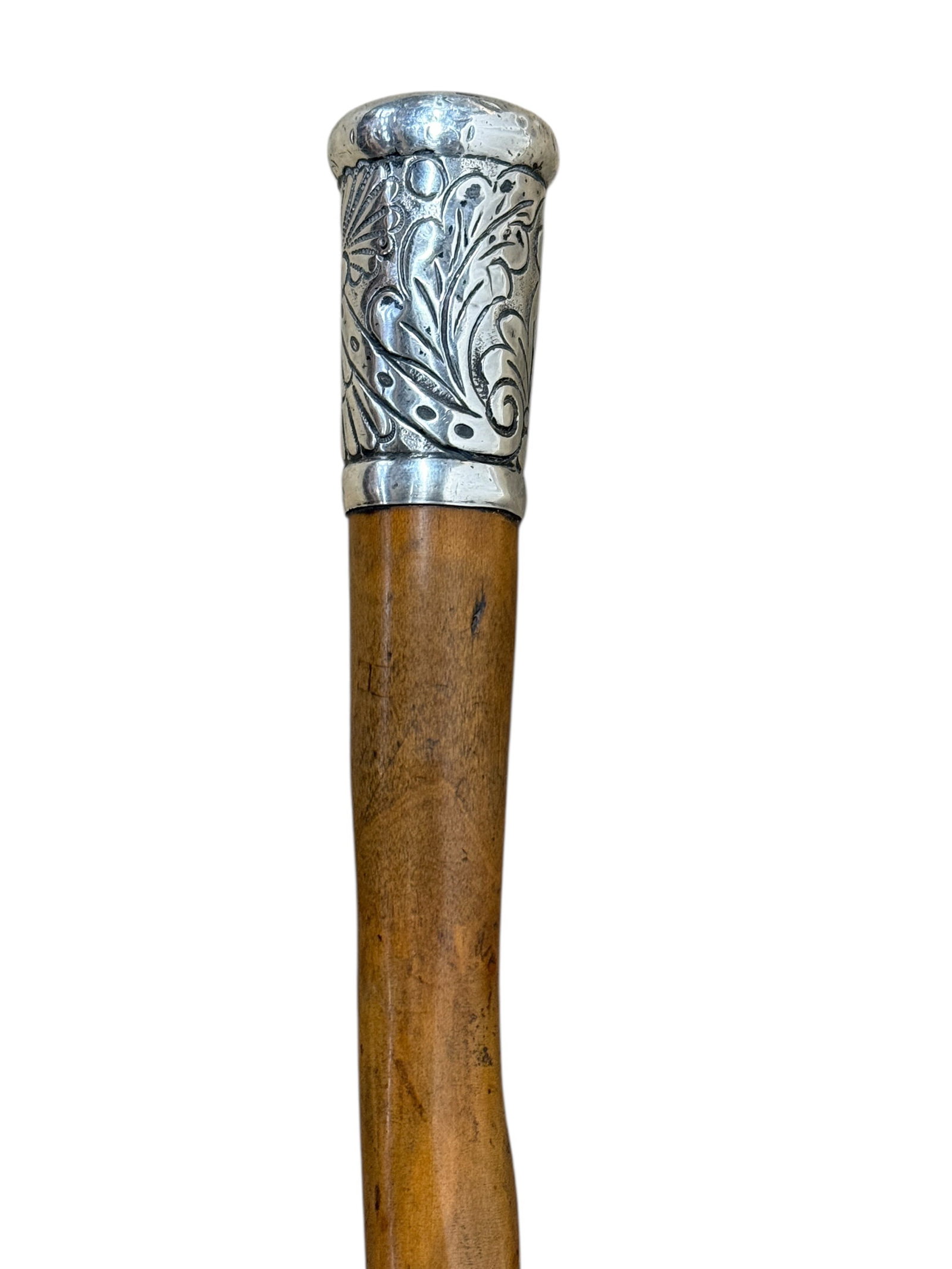 Late 19th Century "1886" Sterling Silver Presentation Pommel Cane: An elegant and historically late 19th centruy appealing sterling silver presentation cane featuring a cylindrical, hand-engraved pommel inscribed on the top in flowing script “M.K. 1886,” clea