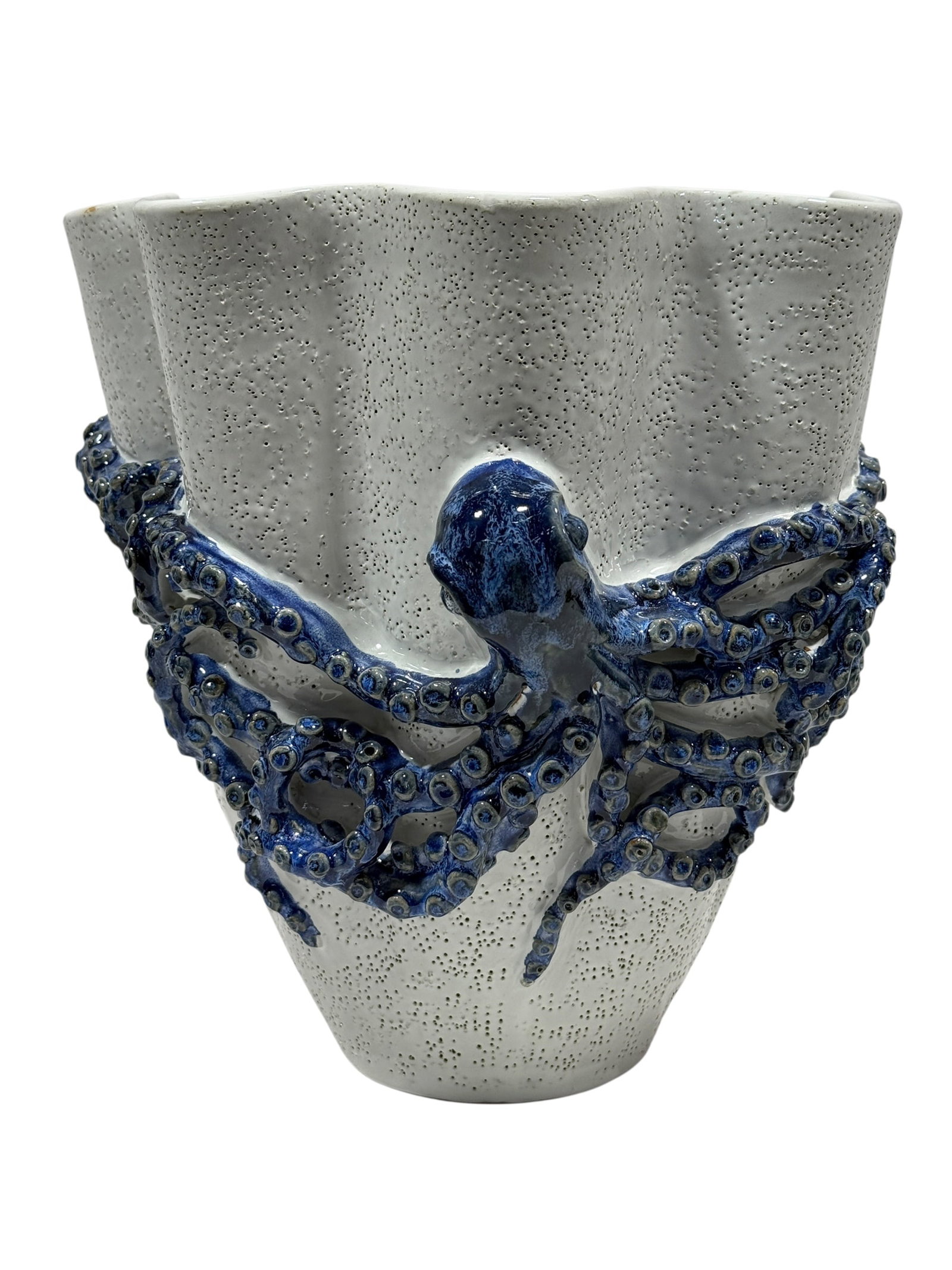 Large Contemporary Blue & White Ceramic Octopus Vase / Planter: Large sculptural ceramic vessel of dramatic marine-inspired design, formed with a tall flared and undulating rim over a tapering body covered in a highly textured white glaze punctuated throughout wit