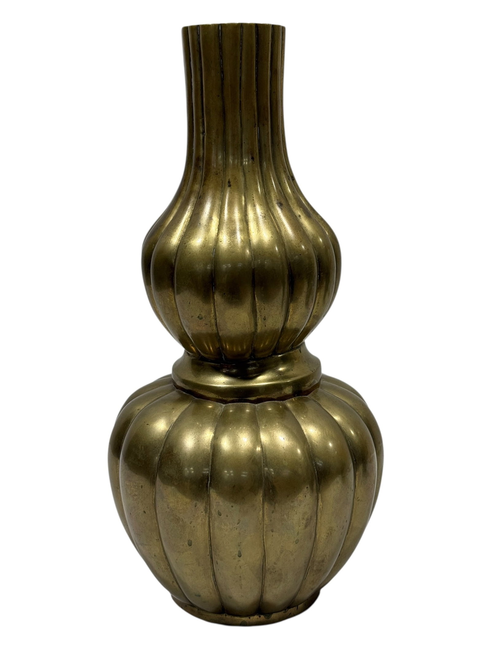 Chinese Xuande-Marked Bronze Double-Gourd Vase: Chinese cast bronze vase of distinctive double-gourd form, the body composed of two boldly lobed sections joined by a molded collar and rising to a tall, vertically fluted neck. The warm golden-brown 