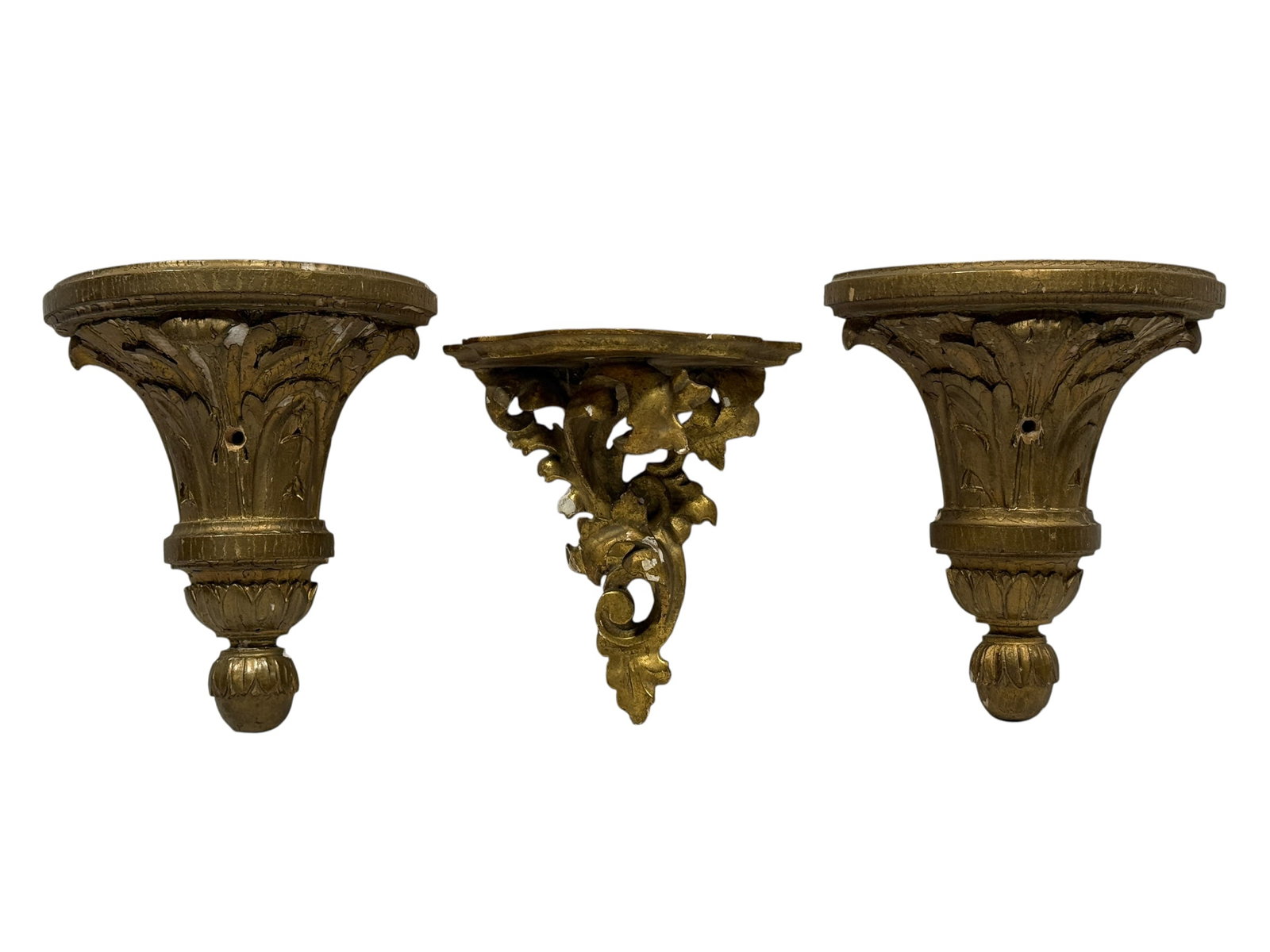 Pair of Louis XV Style Gilt Carved Wood & Single Rococo Brackets: Pair of substantial gilt carved wood architectural brackets in the Louis XV taste, each modeled with a broad semicircular base rising into richly layered acanthus and foliate carving and terminating i