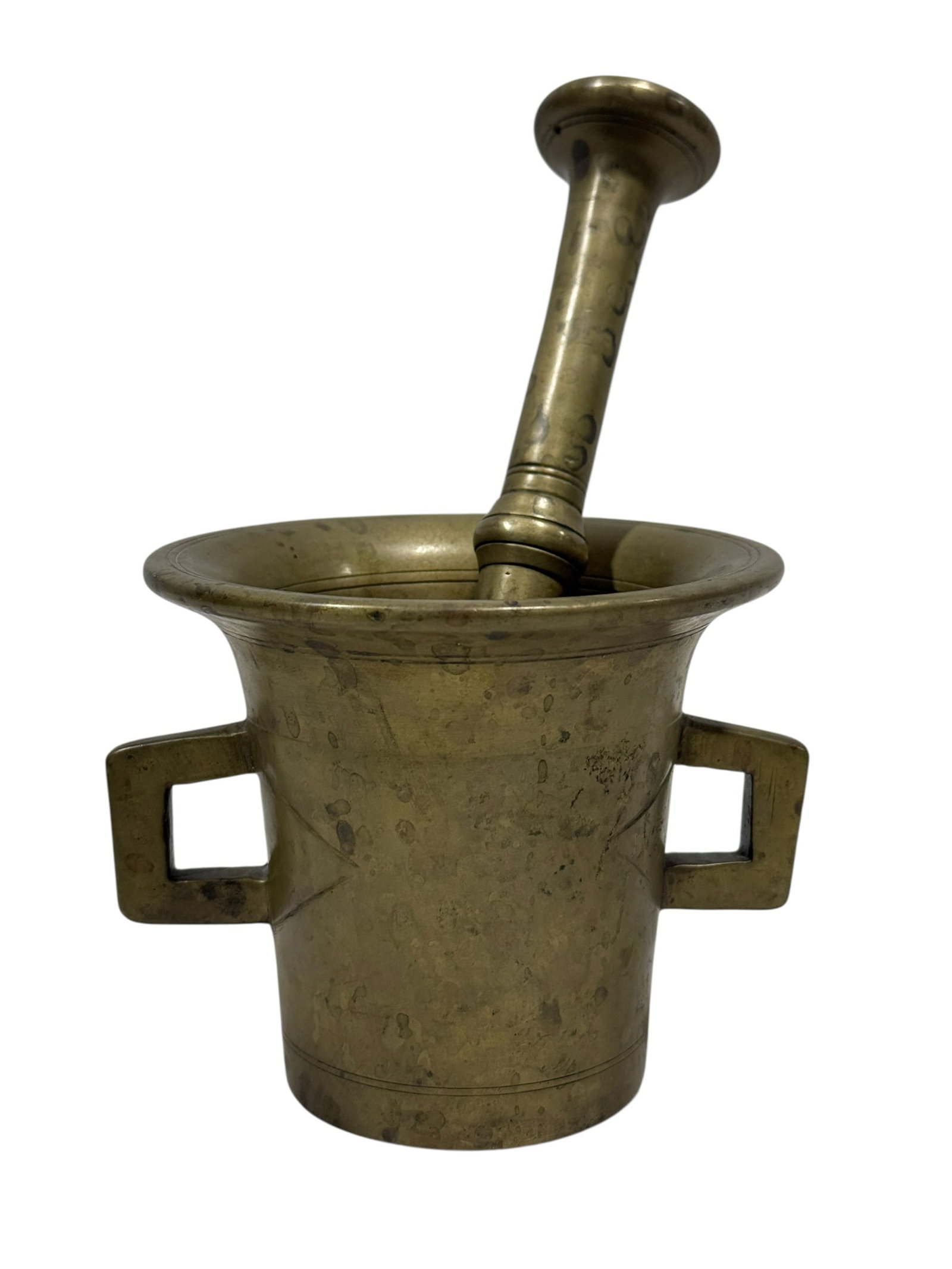 Antique Brass Mortar & Pestle w/ Geometric Handles (1 of 6)