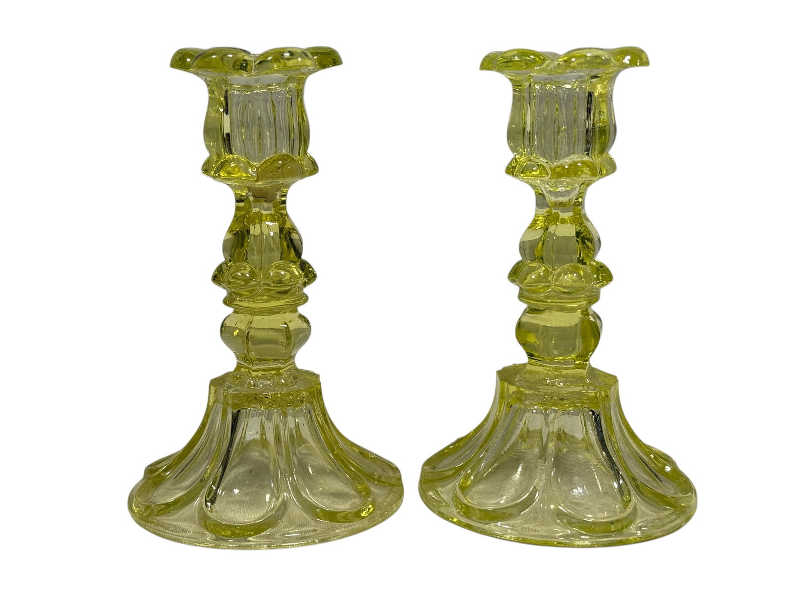 Pair of Antique Vaseline Uranium Glass Pressed Candlesticks (1 of 9)