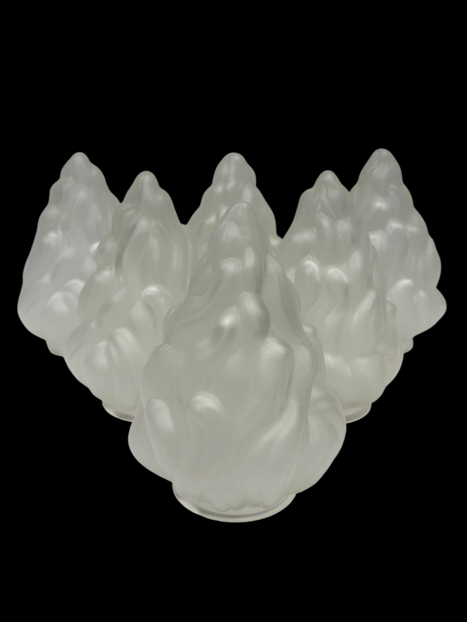 Set of 6 Art Deco Frosted Glass Flame Lamp Shades: Set of six matching vintage Art Deco-style frosted glass lamp shades, each molded in a dramatic rising flame or stylized foliate form with layered, sweeping lobes that create strong sculptural movemen
