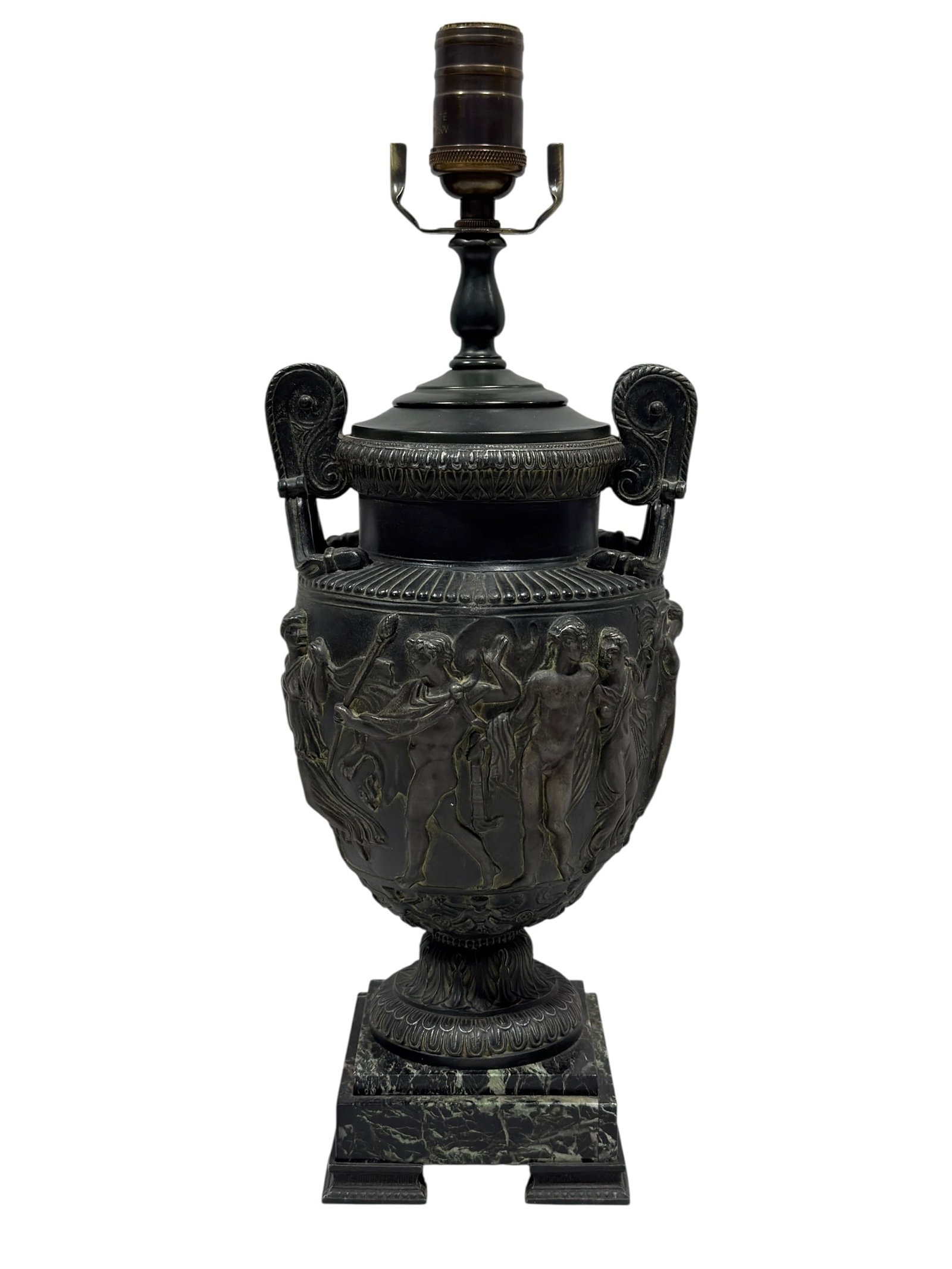 Neoclassical Patinated Bronze Figural Urn Table Lamp on Marble Base: Impressive Continental-style neoclassical table lamp fashioned as a classical two-handled urn, the dark patinated metal body richly cast in continuous high relief with animated mythological and baccha