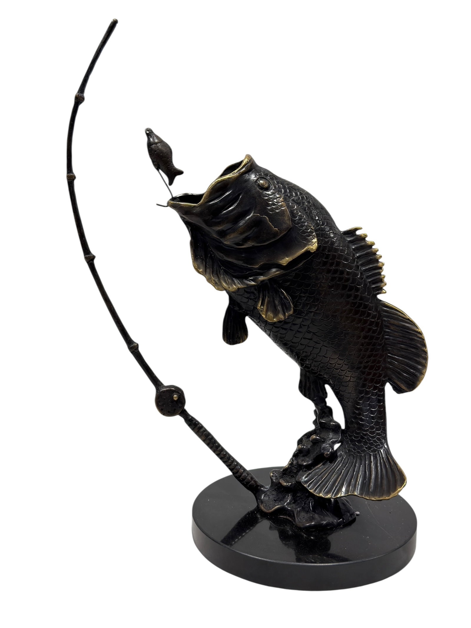 SPI Gallery Contemporary Solid Brass Largemouth Bass Fishing Sculpture on Marble Base (1 of 10)