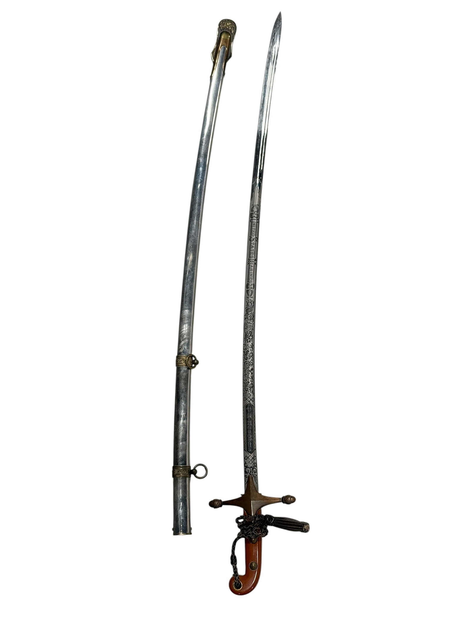 U.S. Marine Corps Officer's Mameluke Sword w/ Nickel-Plated Scabbard, Early-Mid 20th C.: Early-to-mid 20th-century United States Marine Corps officer’s Mameluke-pattern dress sword, retaining the distinctive curved amber-colored ivory-like grip secured by two inset five-pointed star riv