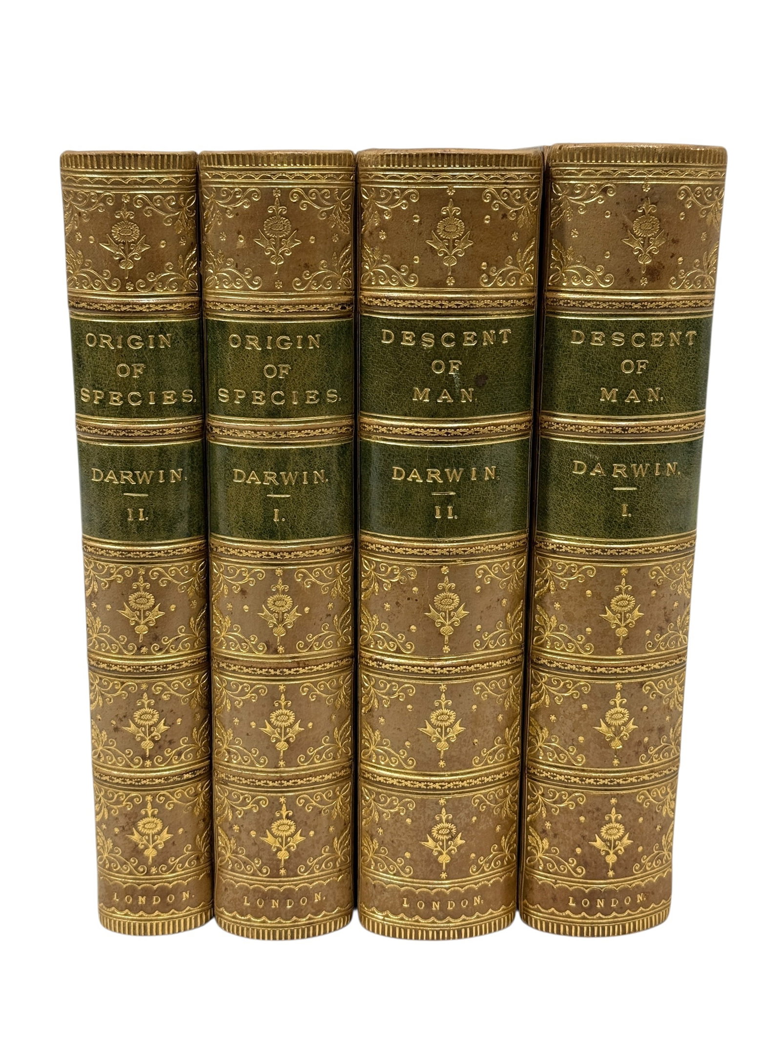 (4) Charles Darwin 1888 "The Origin of Species & The Descent of Man" John Murray Library Edition Set: Four-volume late-Victorian set of major works by Charles Darwin, comprising The Origin of Species by Means of Natural Selection, or the Preservation of Favoured Races in the Struggle for Life, Sixth E