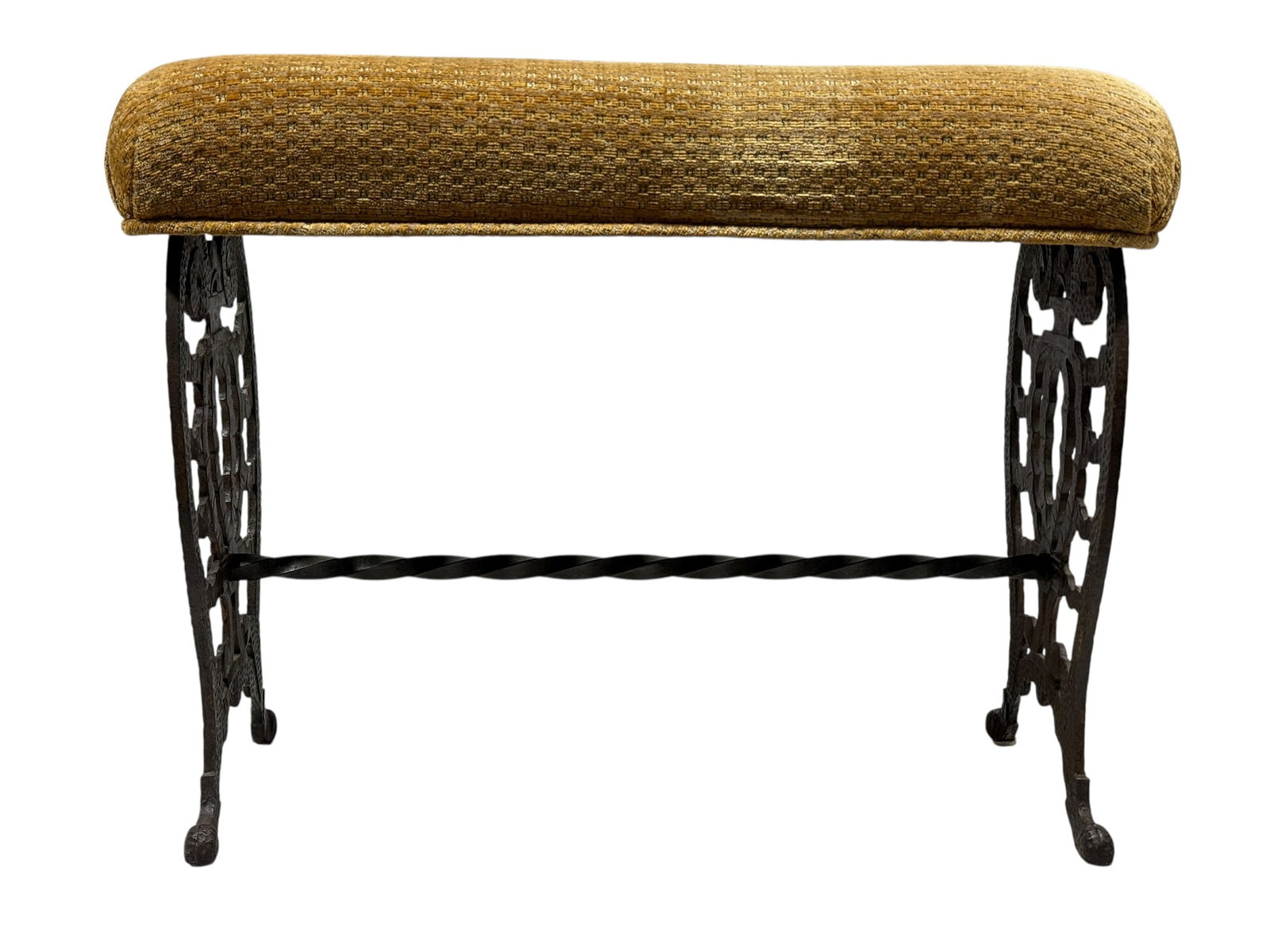 Vintage Ornate Cast Iron Upholstered Vanity Bench w/ Twisted Stretcher (1 of 6)