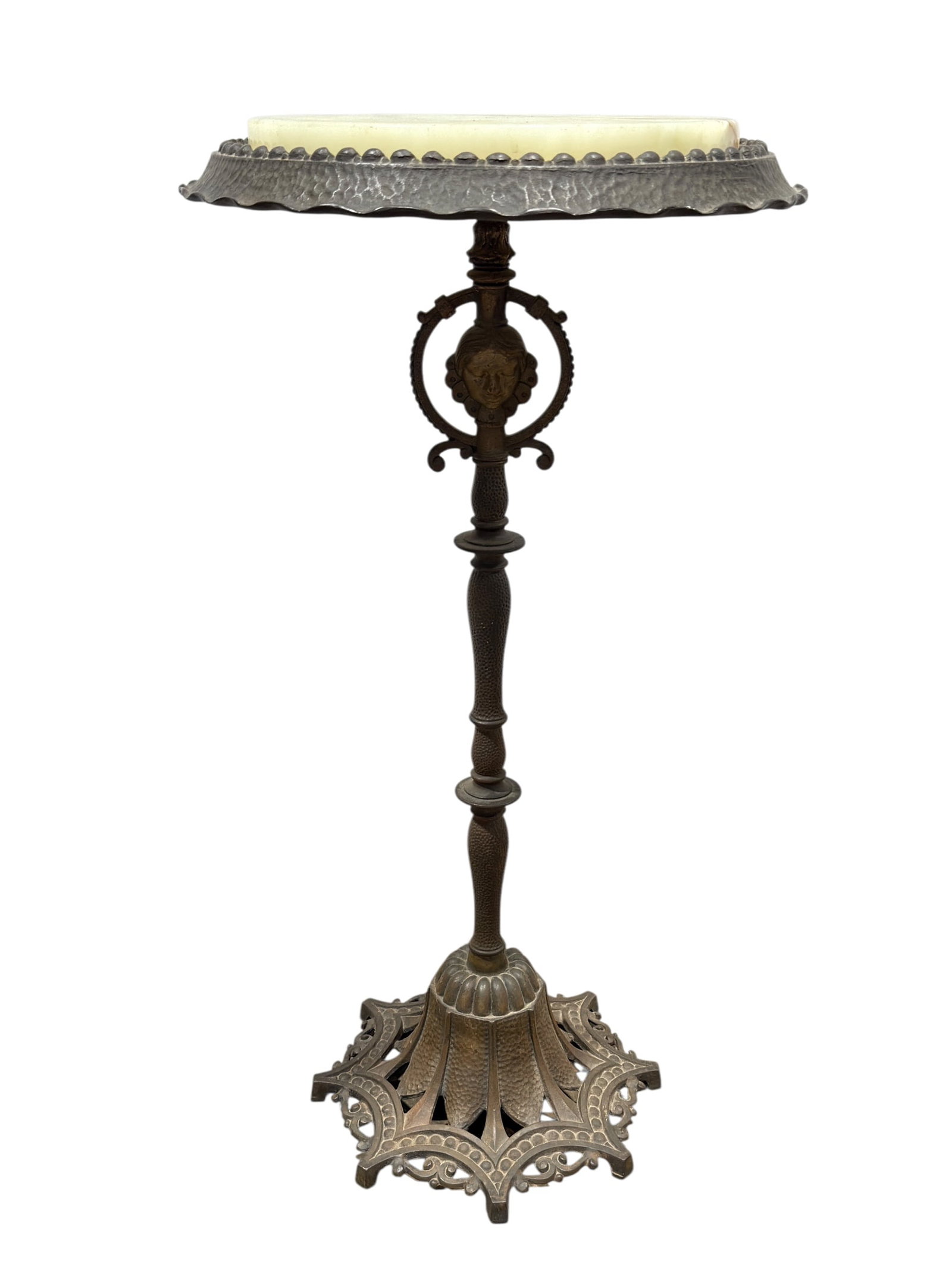 Antique Cast Metal and Onyx Pedestal Side Table with Figural Decoration: An ornate antique cast metal pedestal side table or plant stand, likely dating to the late 19th or early 20th century, surmounted by a circular pale green-white onyx top displaying attractive transluc