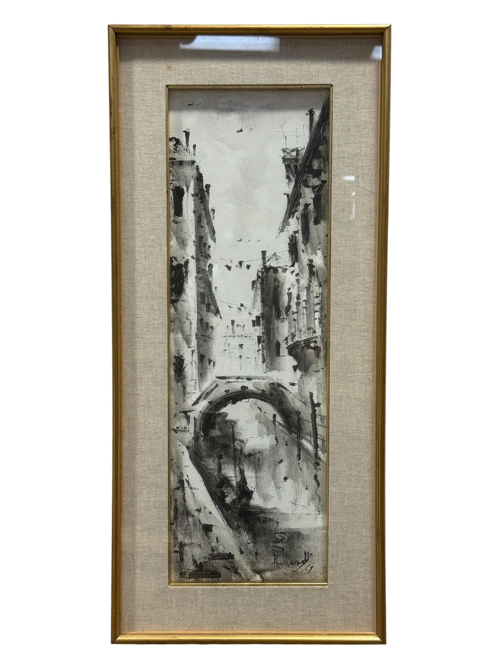 Signed "Venice Canal" Mixed Media Painting on Canvas: This is a mid-century architectural view depicting a narrow canal in Venice, Italy, executed on a narrow, vertical canvas panel. Painted in a striking monochromatic palette using a mixed-media techniq