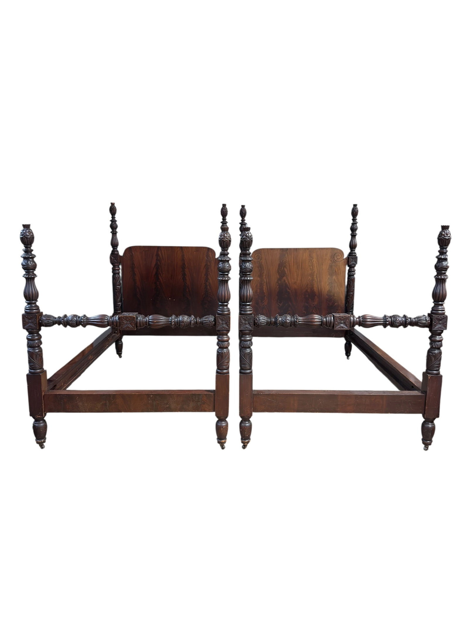 Pair of Antique Narrow 3 Quarter Carved Mahogany Bed Frames (1 of 13)