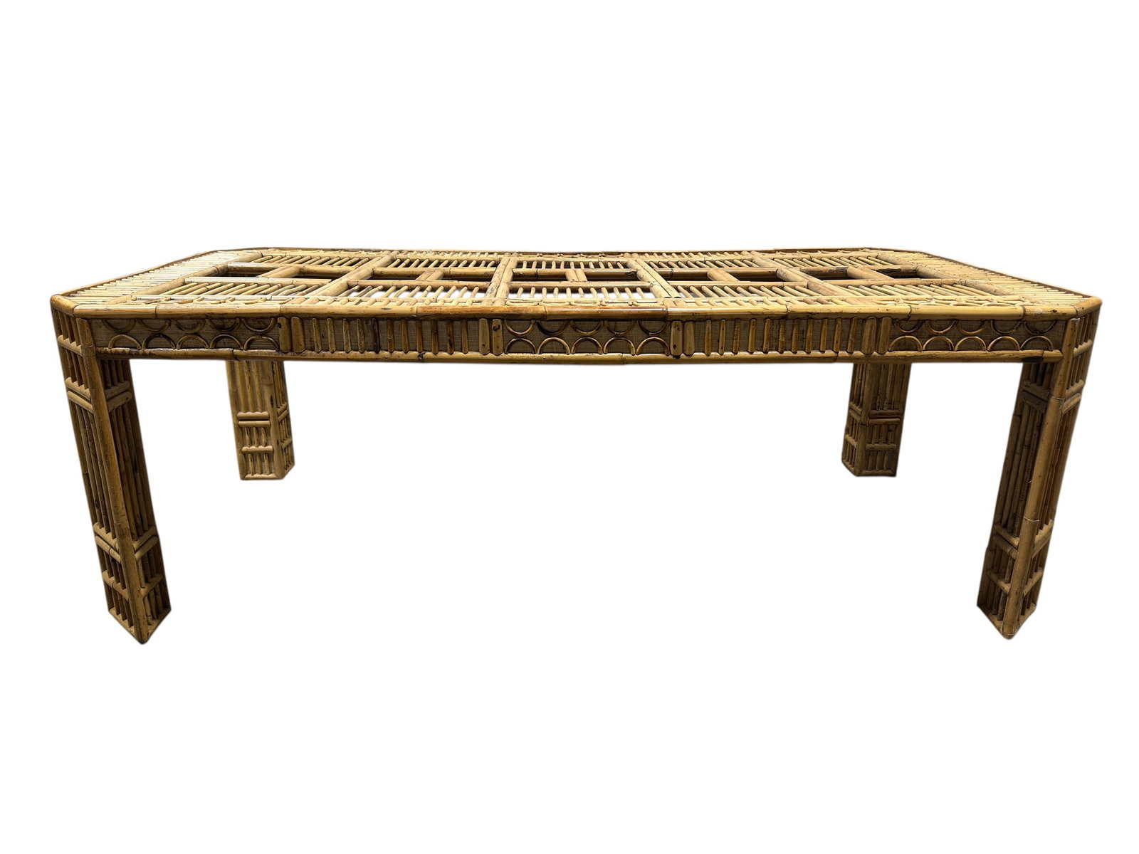 Vintage Boho-Chic Rattan and Split-Bamboo Console Table: A large mid-century console table constructed with a sturdy rattan frame, beautifully accented by split-bamboo and woven cane paneling. The design epitomizes the vintage Bohemian or "Brighton Pavilion