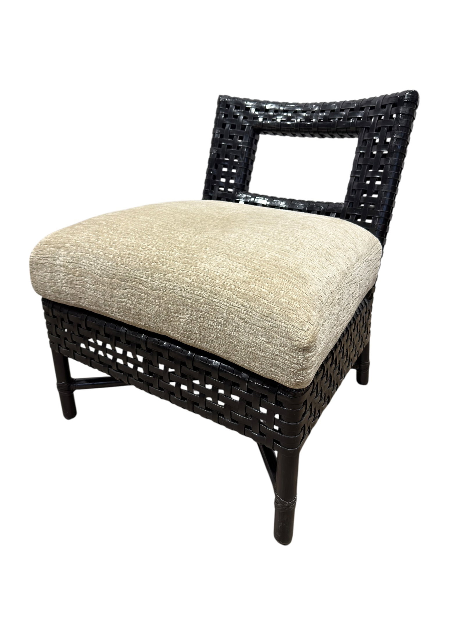 McGuire San Francisco Woven Leather & Upholstered Side Chair: A stylish McGuire Furniture Company side chair, bearing the original brass plaque marked “McGuire San Francisco,” constructed with the company’s characteristic dark-finished frame wrapped an
