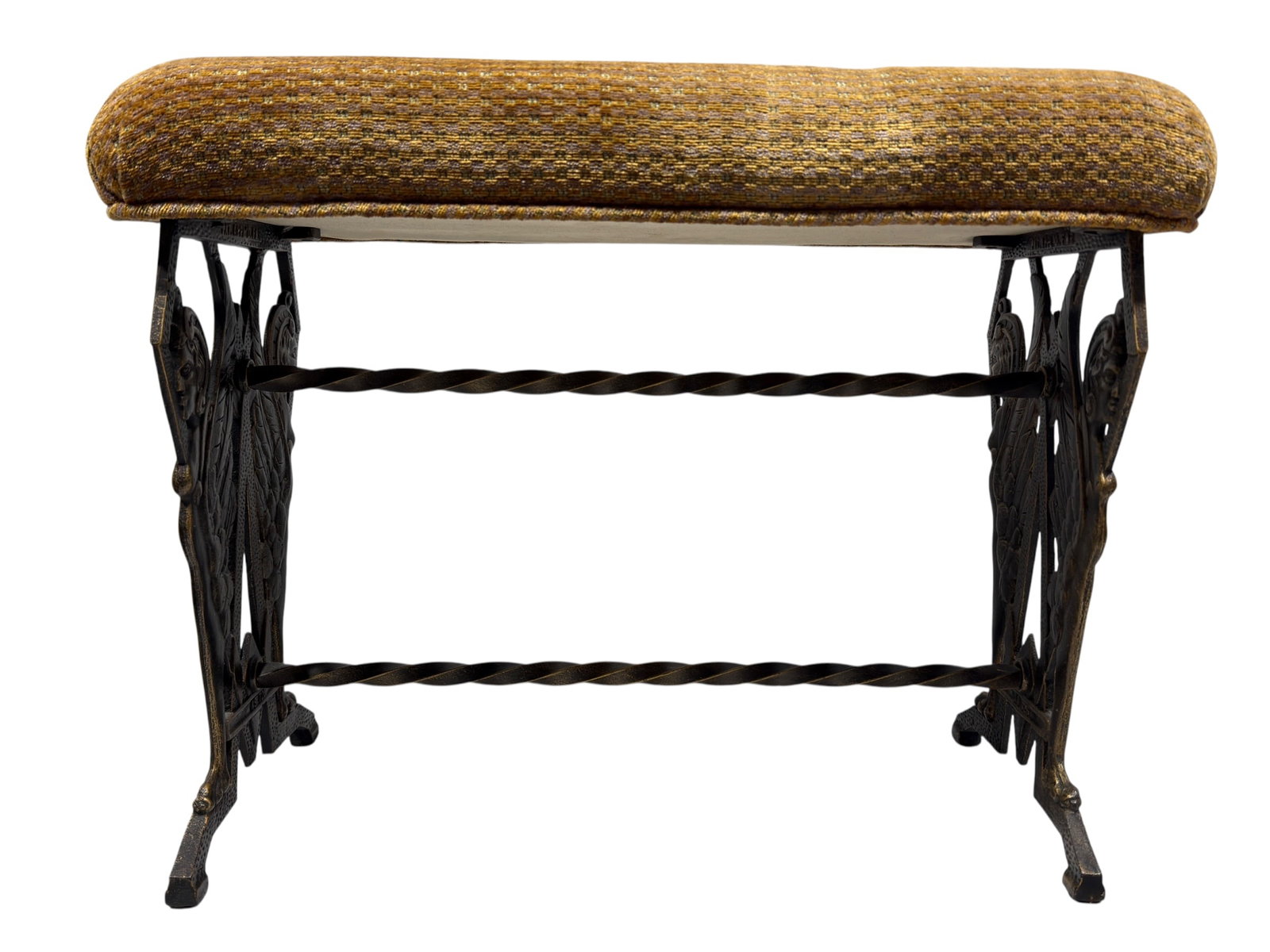 Vintage Ornate Cast Iron Upholstered Vanity Bench w/ Figural Stretcher (1 of 7)
