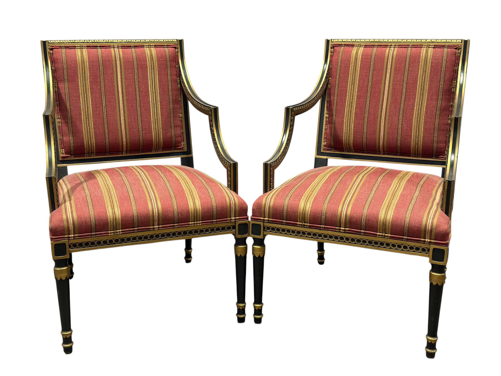 Pair of Louis XVI Style Ebonized and Gilt Armchairs w/ Striped Upholstery (1 of 9)