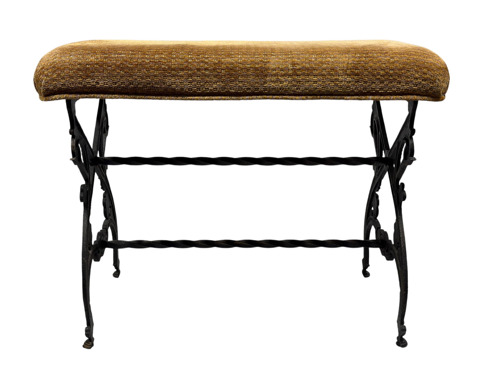 Victorian Cast Iron Figural Bird-Motif Upholstered Bench: Late 19th to early 20th century Victorian-style upholstered bench featuring an exceptionally decorative cast iron base with opposing openwork end supports modeled with stylized bird or peacock-like he
