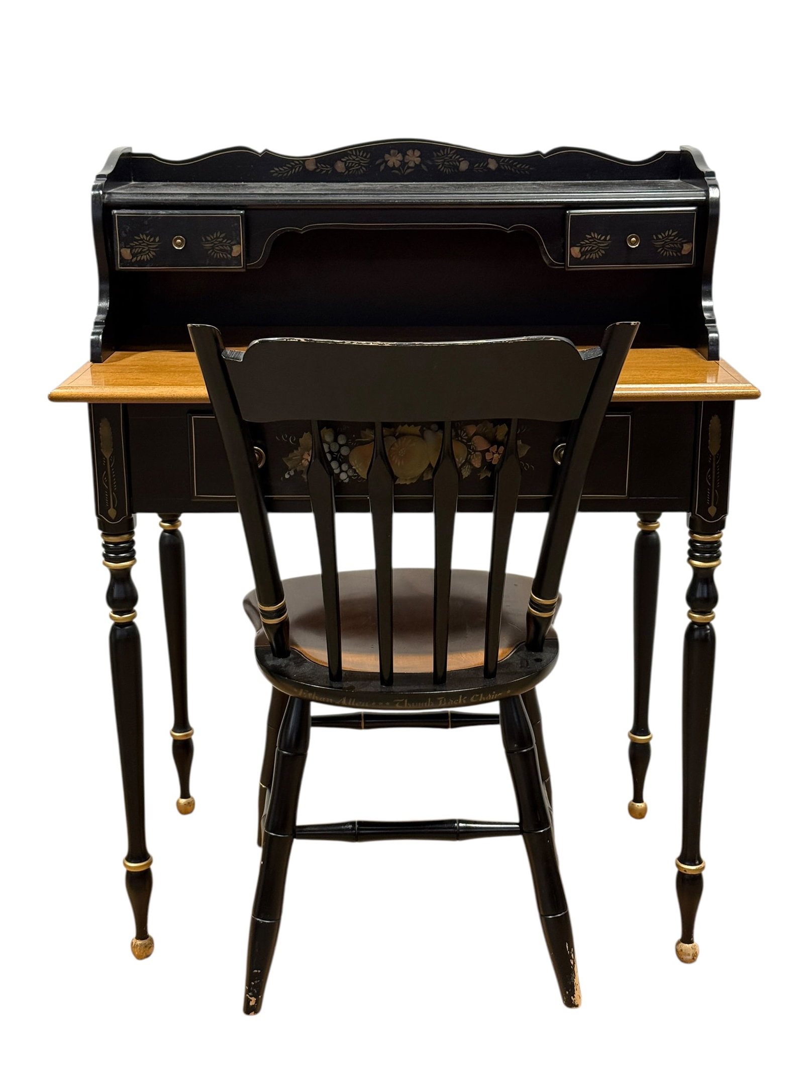 Ethan Allen American Traditional Hitchcock-Style Black Combo Writing Desk & Chair: Vintage Ethan Allen American Traditional writing desk with coordinating side chair, crafted of solid maple and/or birch as identified by the branded drawer stamp and finished in the maker’s decorati