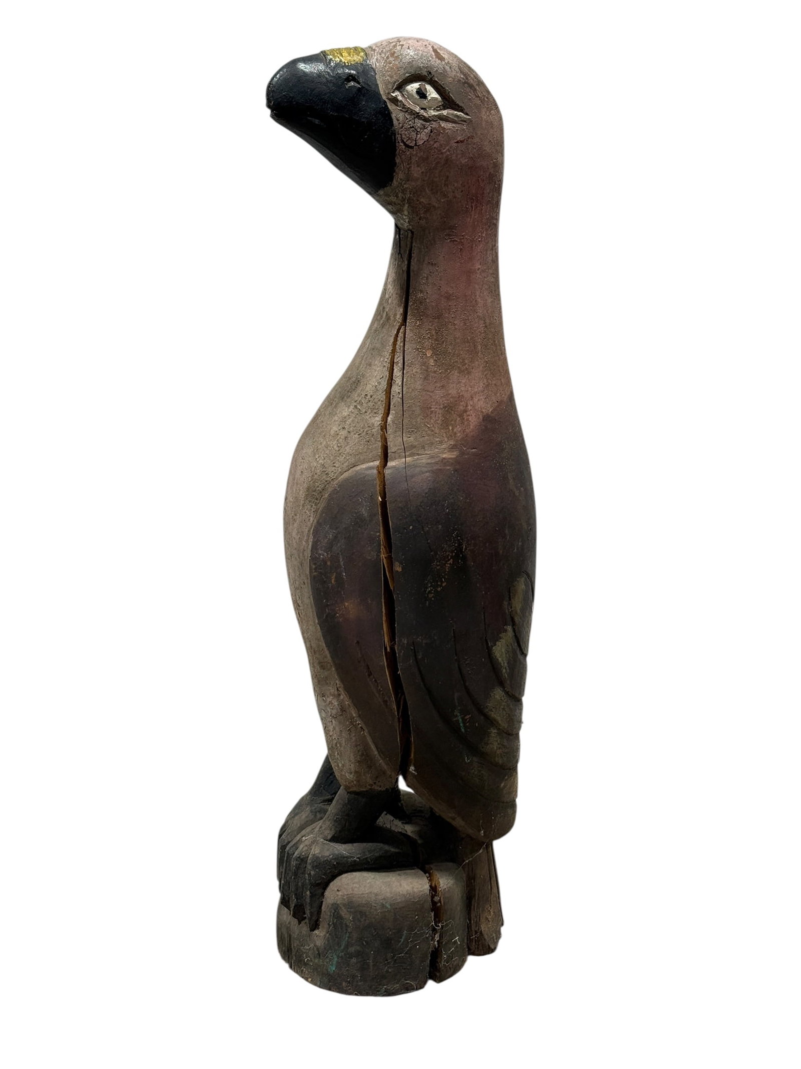 Large Vintage Folk Art Carved & Painted Wood Parrot Bird Sculpture: Large-scale vintage folk art bird sculpture, hand-carved from solid wood and modeled as a stylized parrot or tropical bird standing upright on an integral rounded base. The dramatically elongated neck