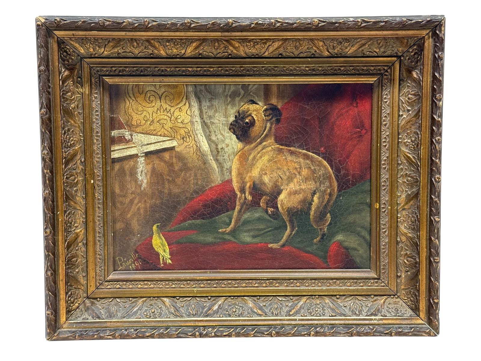 Priscille, 1890 Antique Portrait of a Pug with Canary, Oil on Canvas: Charming late 19th-century oil on canvas depicting a pug standing alert upon richly colored drapery, its compact form, tightly curled tail, dark muzzle, and expressive eyes carefully rendered against 