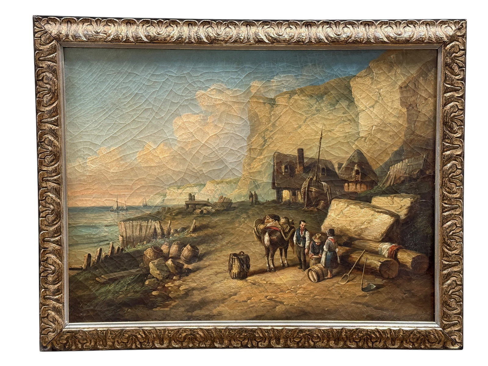 19th Century Coastal Genre Landscape w/ Horse & Figures, Oil on Canvas: A substantial 19th-century oil on canvas depicting a rugged coastal settlement animated by figures, a saddled pack horse, barrels, timber, tools, and other details of maritime working life. The compos