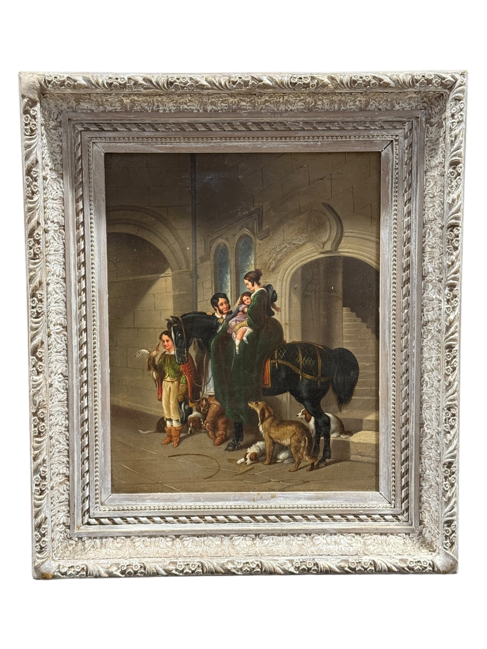 19th-Century Continental School Equestrian Family Genre Scene, Oil on Canvas: Artist-signed 19th-century Continental School oil on canvas depicting an elegant family group gathered with a dark horse and several dogs within a stone architectural courtyard, the scene animated by 