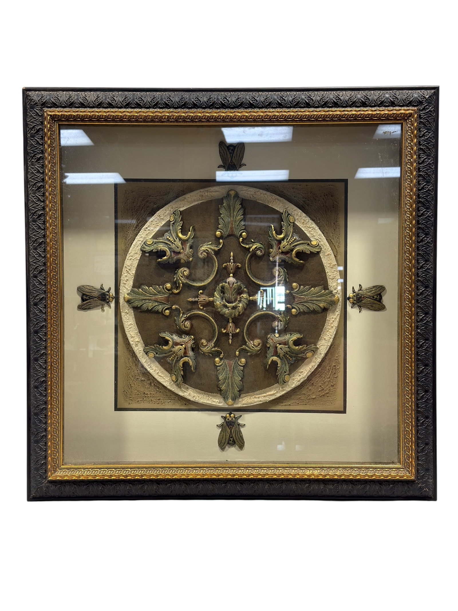 John-Richard “Florentine Garden?? Framed Dimensional Wall Art in Shadow Box: Decorative framed wall art by John-Richard, model GRF-2792, identified on the original verso labels as “Florentine Garden.” The composition centers on an ornate circular architectural medallio