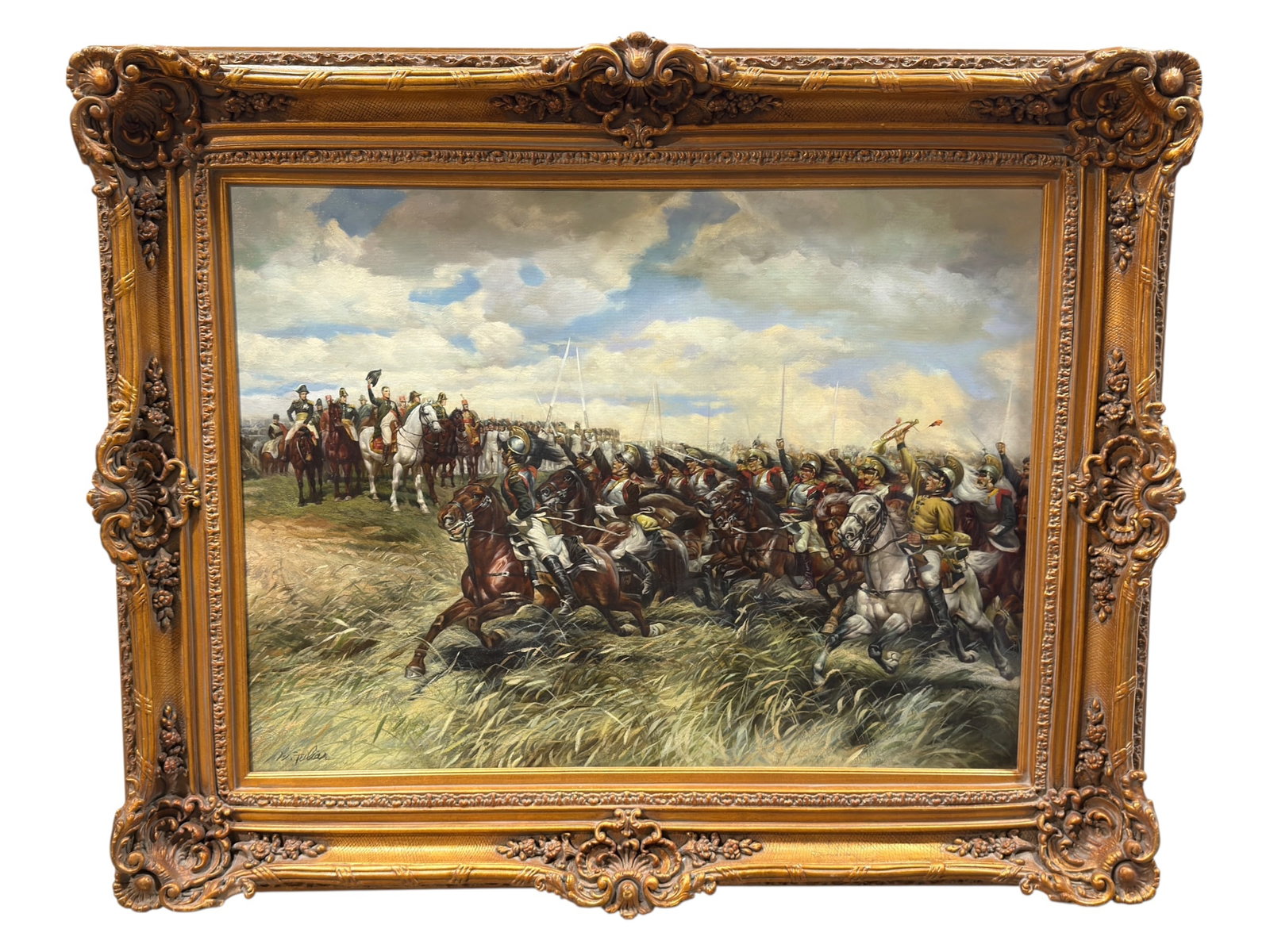 Artist Signed Monumental 19th Century European Cavalry Battle Scene, Oil on Canvas: Monumental and highly dramatic oil on canvas depicting a sweeping European cavalry engagement, animated by a dense mass of charging horsemen surging across a windswept field beneath a broad, cloud-fil