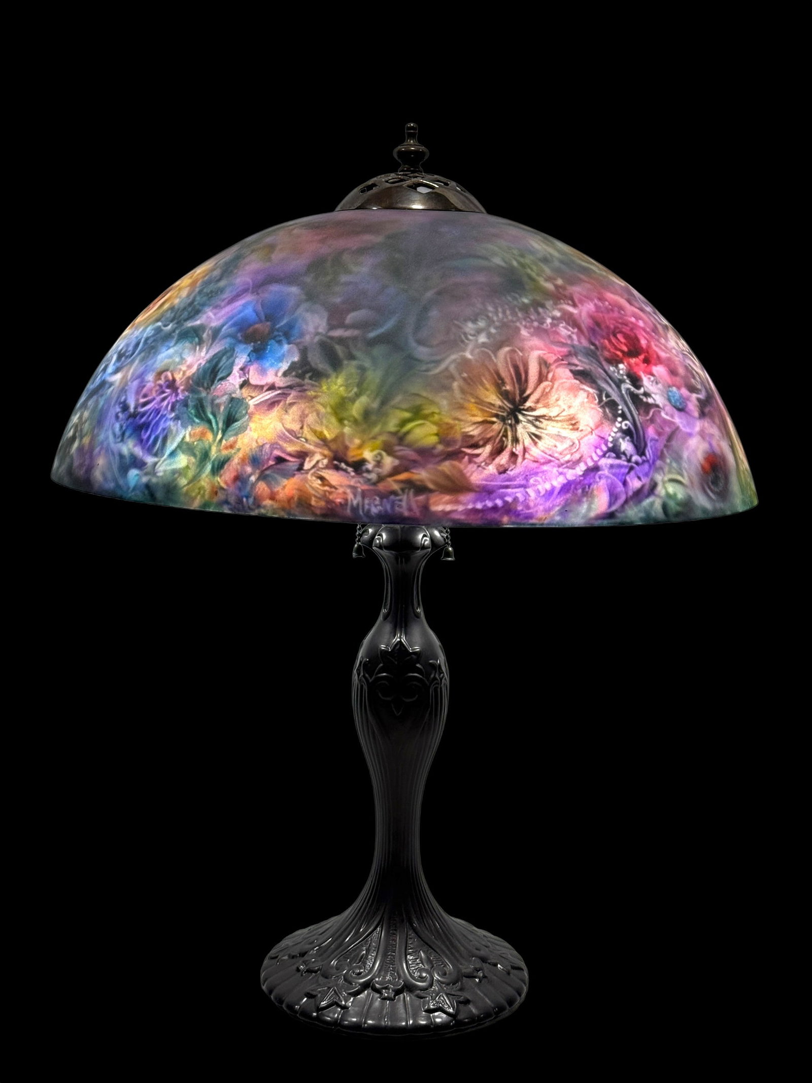 Nancy Magnell Signed Reverse Painted Floral Glass Table Lamp (1 of 16)